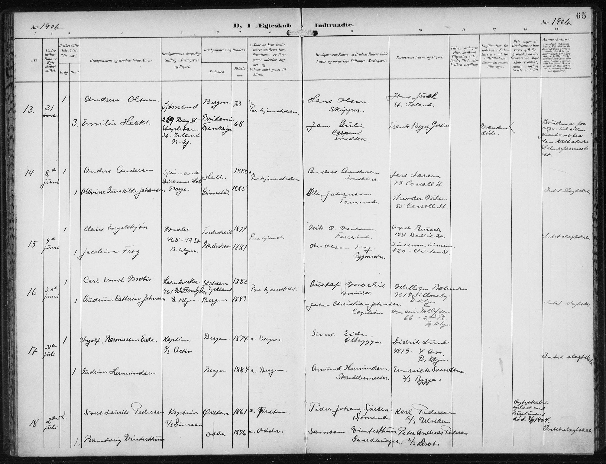 Den norske sjømannsmisjon i utlandet/New York, SAB/SAB/PA-0110/H/Ha/L0005: Parish register (official) no. A 5, 1902-1908, p. 65