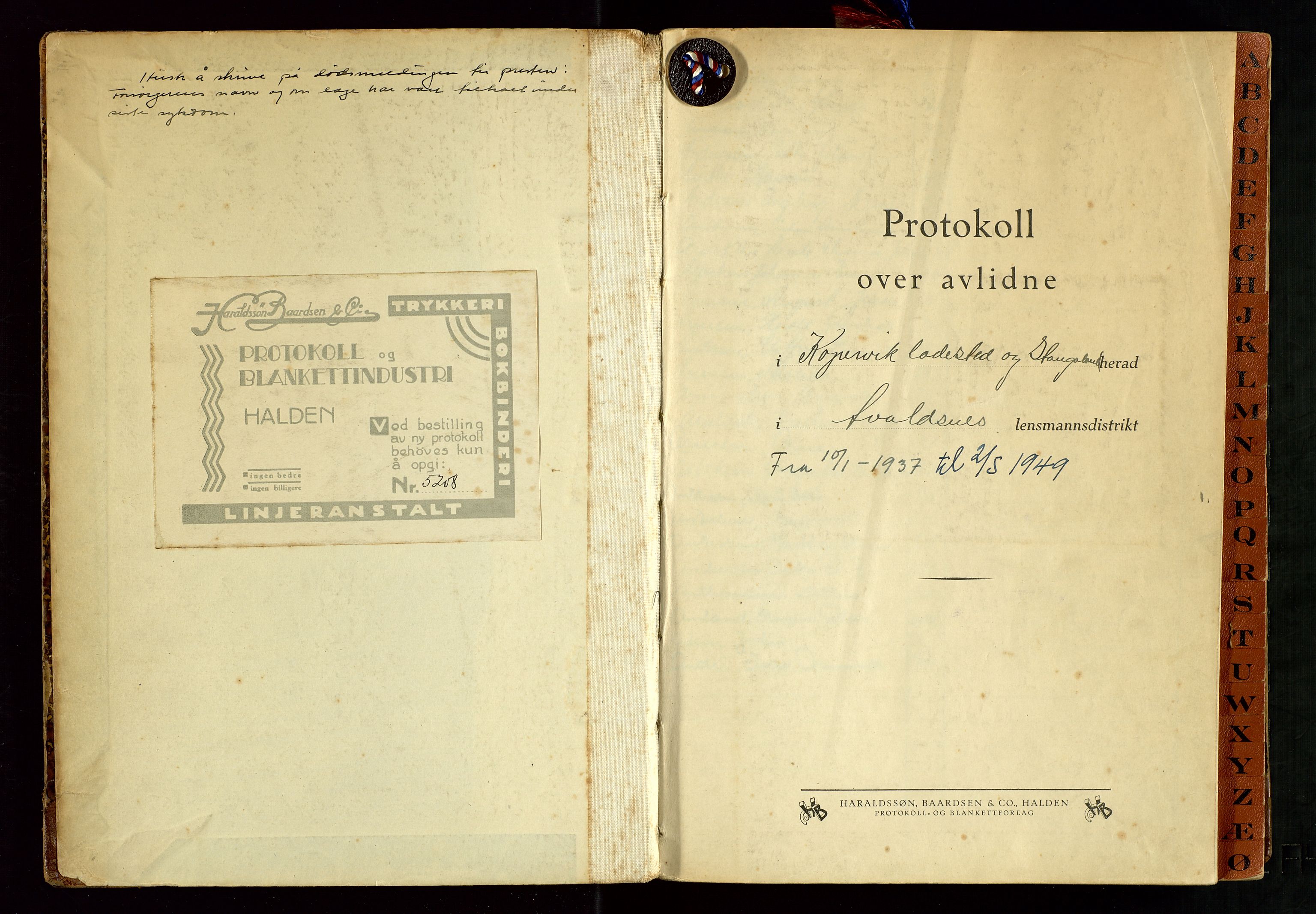 Avaldsnes lensmannskontor, SAST/A-100286/Gga/L0006: "Protokoll over avlidne i Kopervik ladested og Stangeland herad i Avaldsnes lensmannsdistrikt", 1937-1949