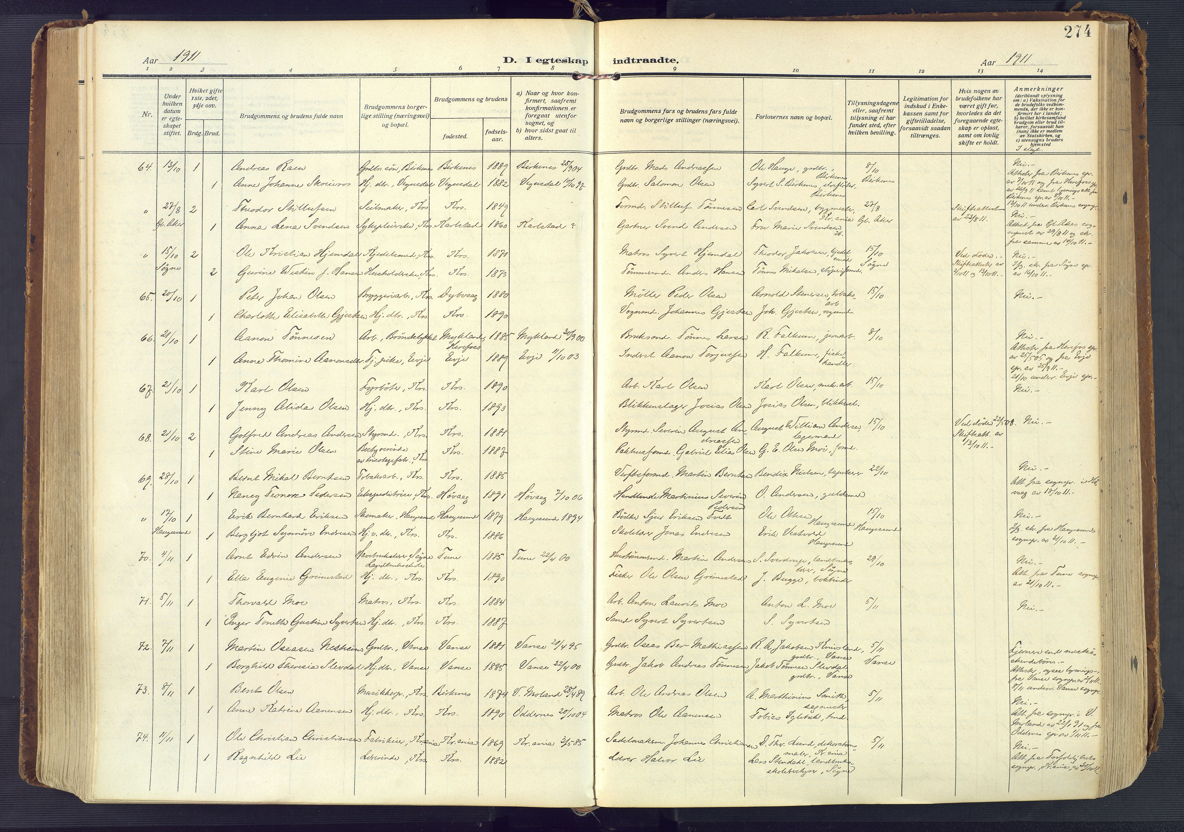 Kristiansand domprosti, AV/SAK-1112-0006/F/Fa/L0023: Parish register (official) no. A 22, 1909-1917, p. 274