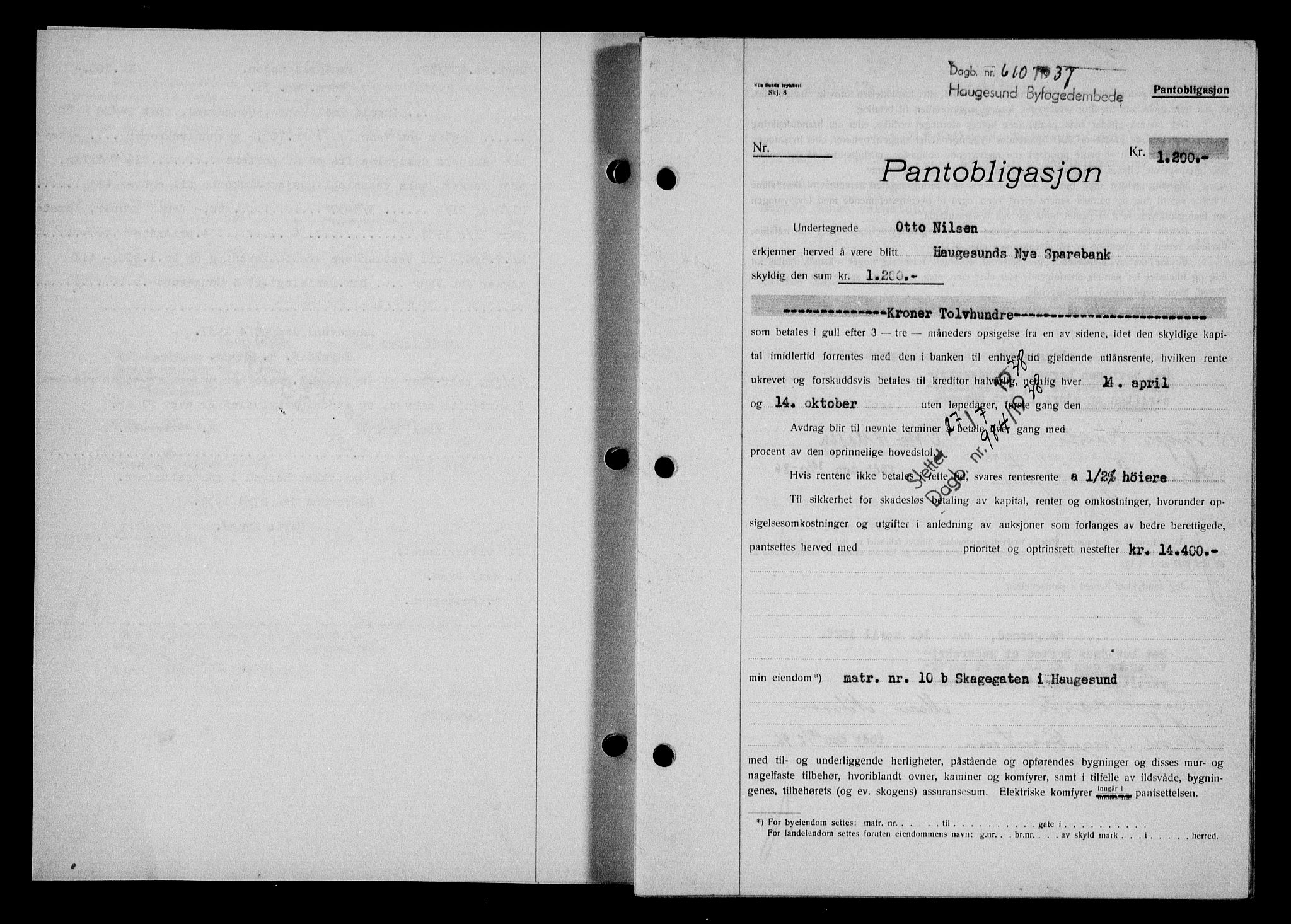 Haugesund tingrett, AV/SAST-A-101415/01/II/IIC/L0031: Mortgage book no. 31, 1936-1938, Diary no: : 610/1937