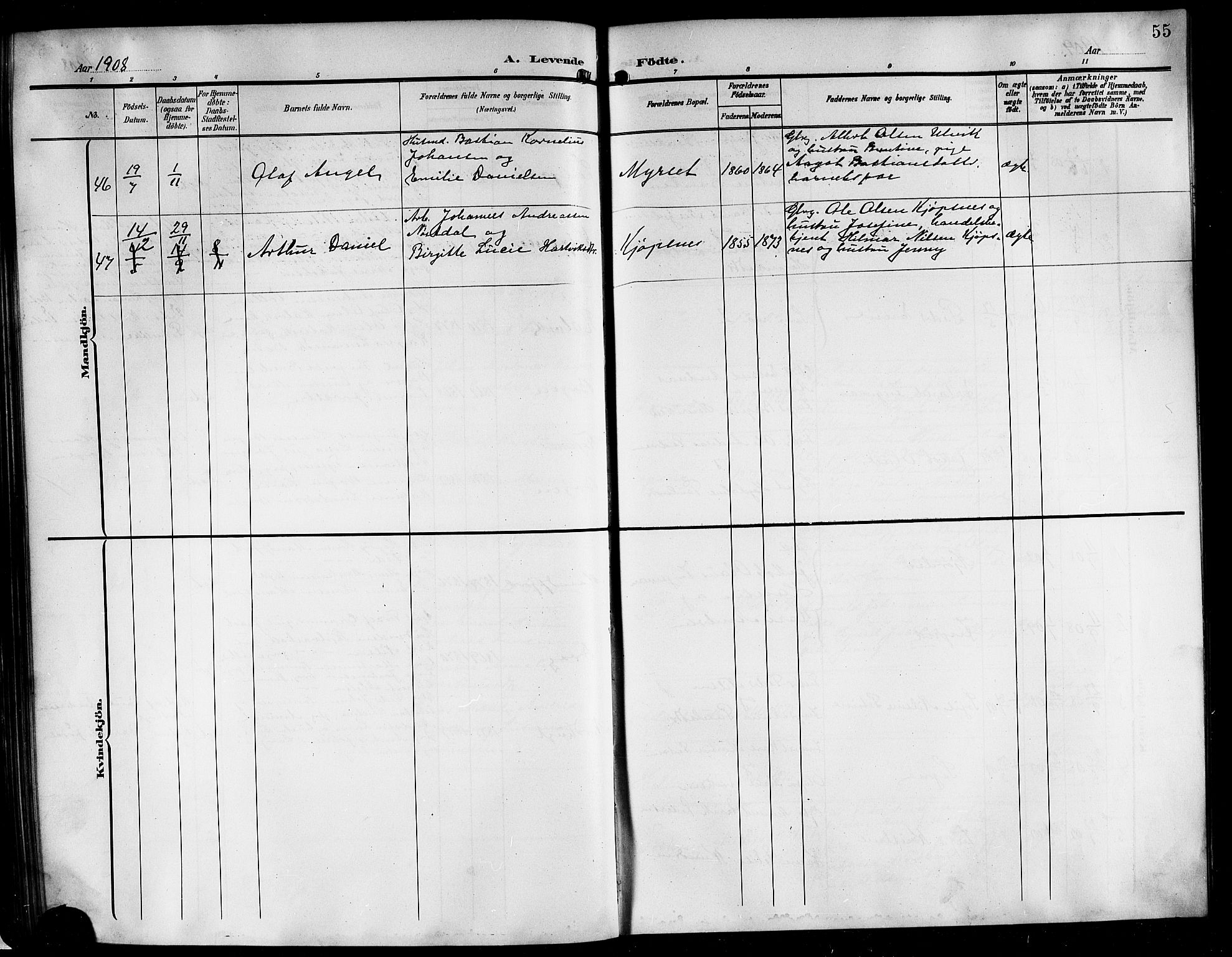 Ministerialprotokoller, klokkerbøker og fødselsregistre - Nordland, AV/SAT-A-1459/861/L0877: Parish register (copy) no. 861C03, 1903-1919, p. 55