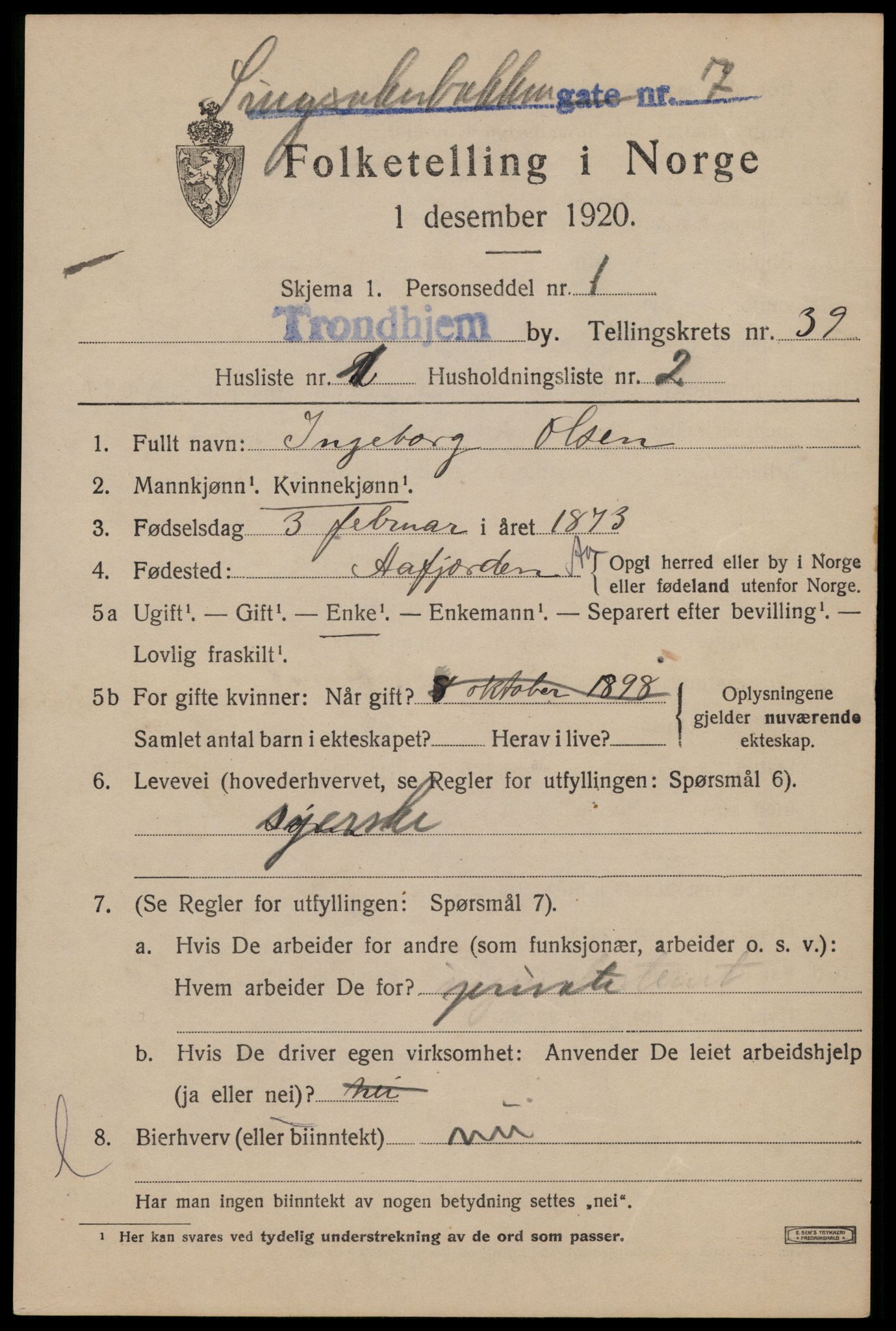 SAT, 1920 census for Trondheim, 1920, p. 87830