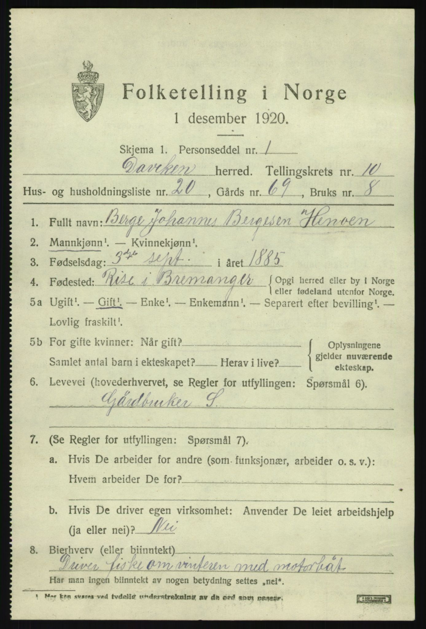 SAB, 1920 census for Davik, 1920, p. 5357