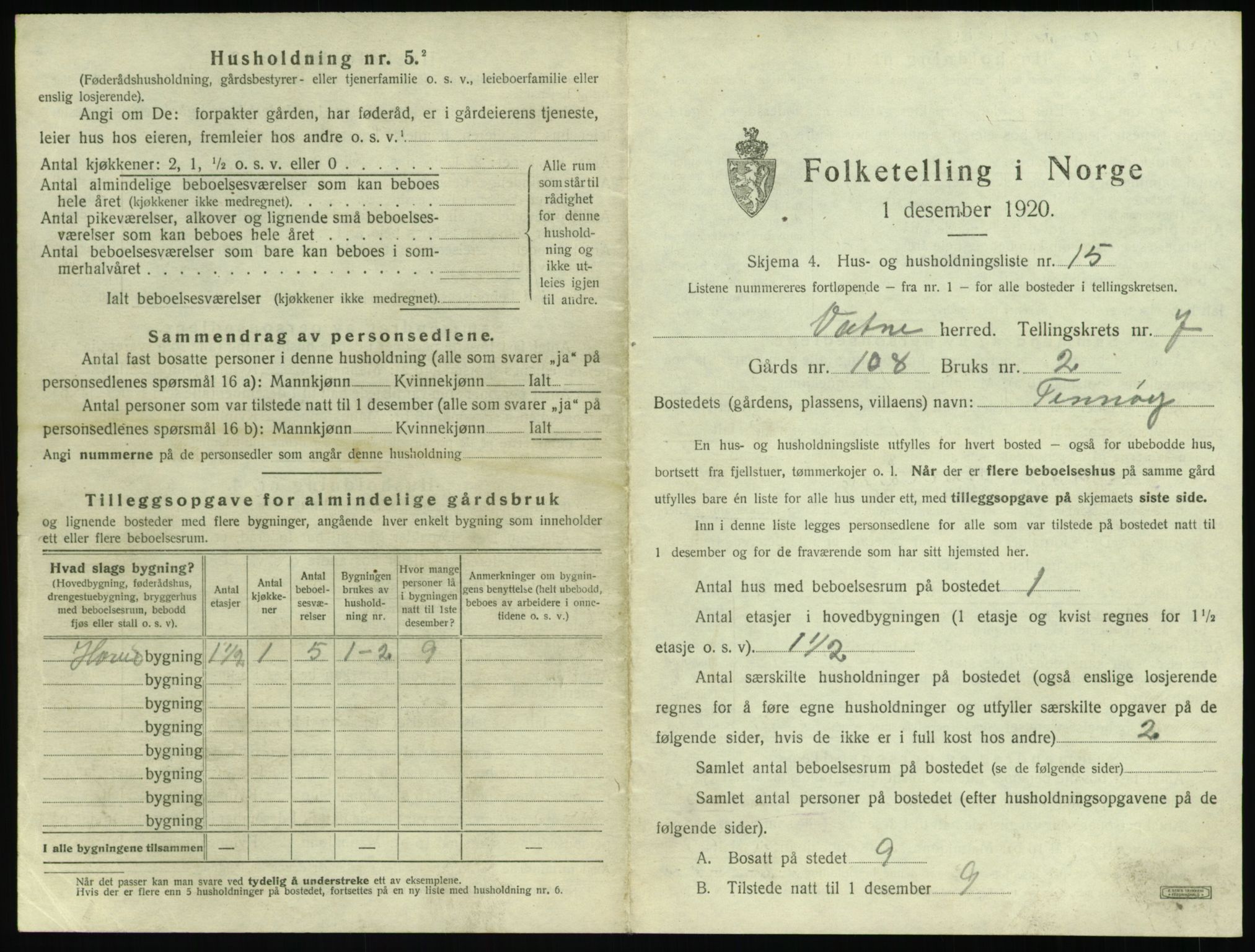 SAT, 1920 census for Vatne, 1920, p. 452