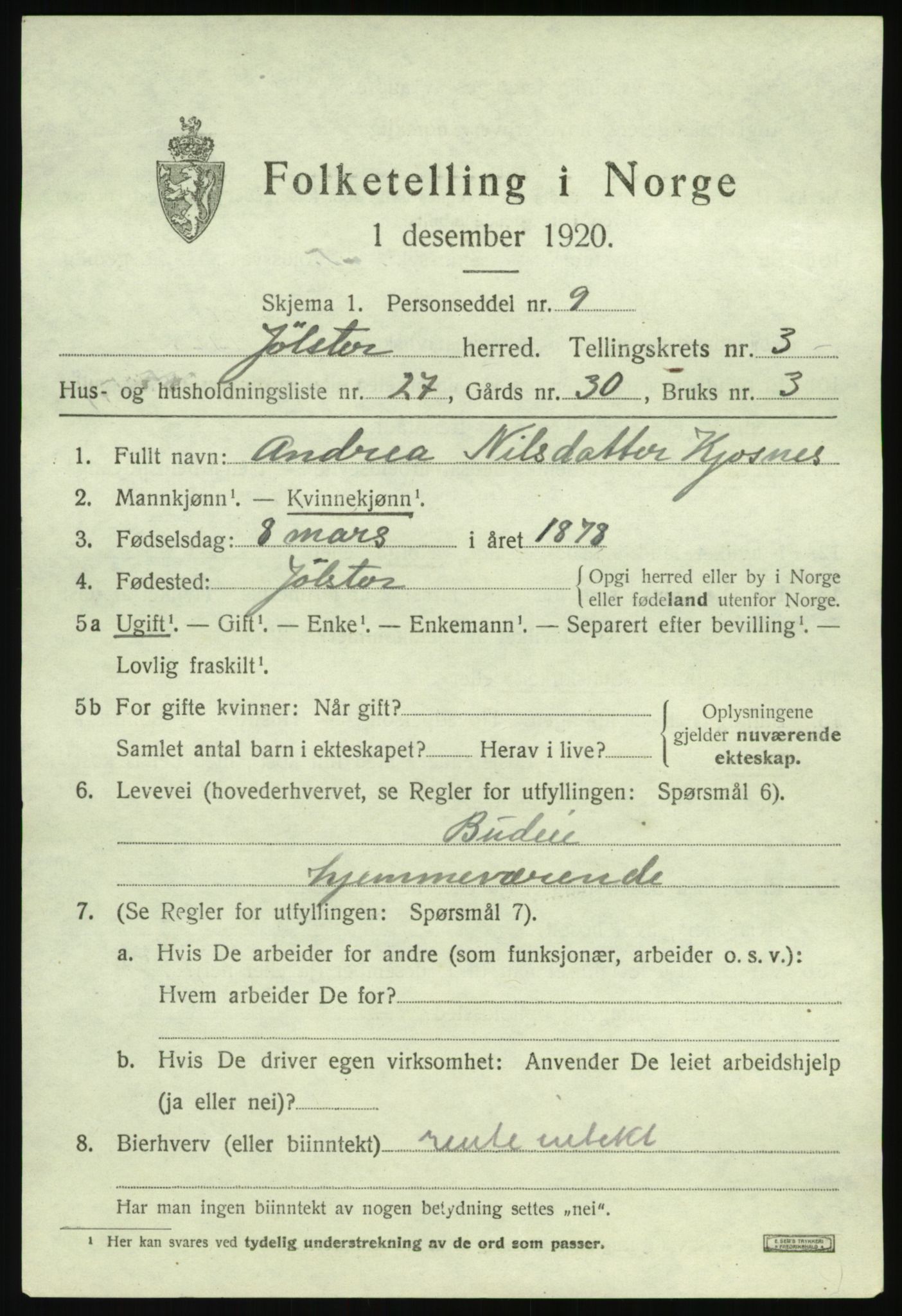 SAB, 1920 census for Jølster, 1920, p. 2360