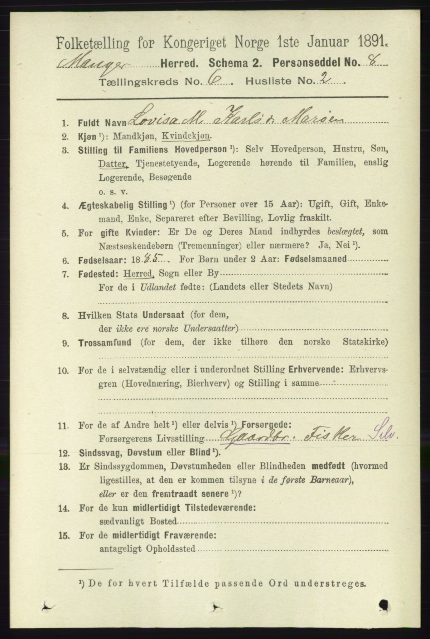 RA, 1891 census for 1261 Manger, 1891, p. 3422