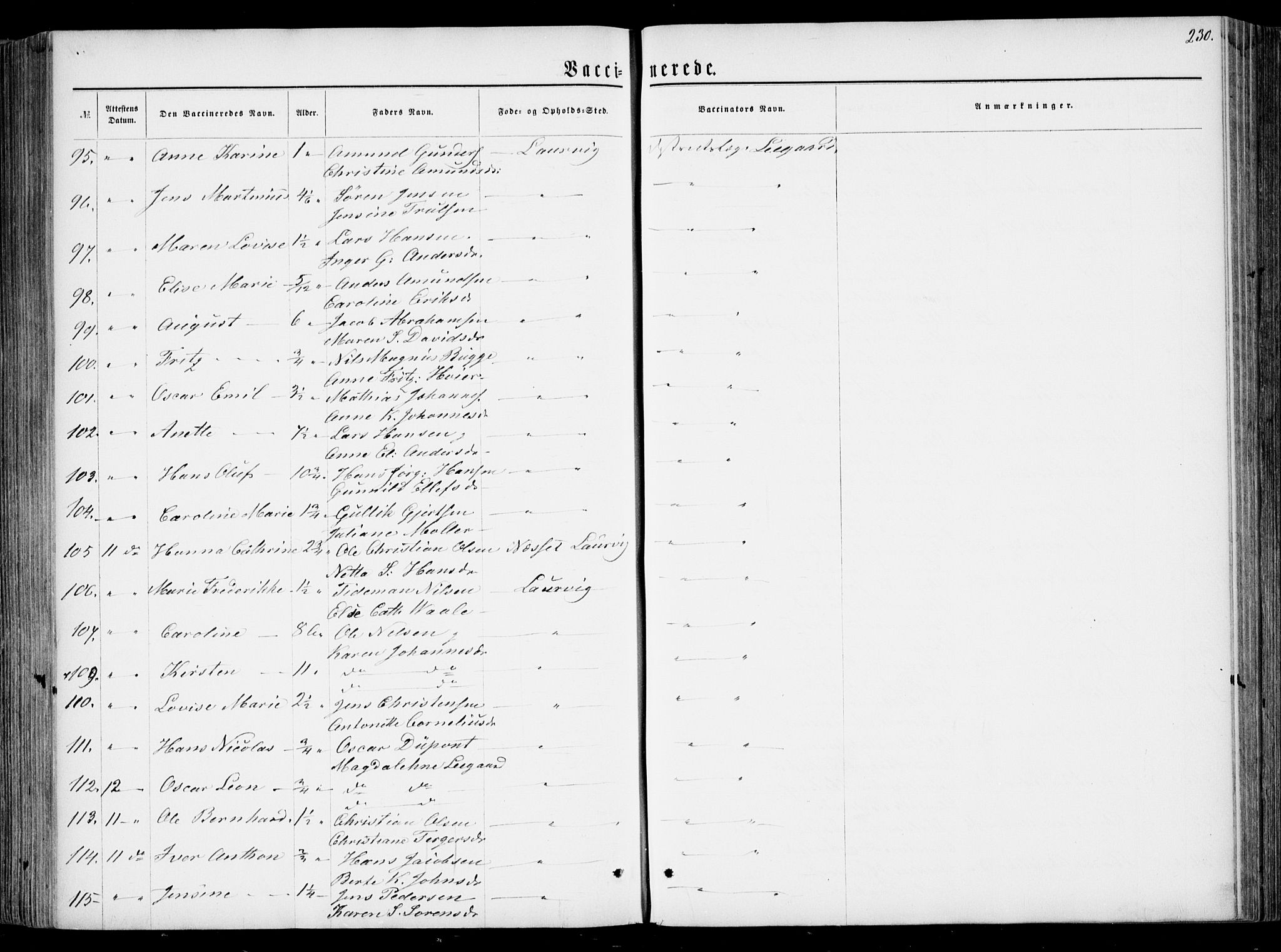 Larvik kirkebøker, AV/SAKO-A-352/F/Fa/L0005: Parish register (official) no. I 5, 1856-1870, p. 230