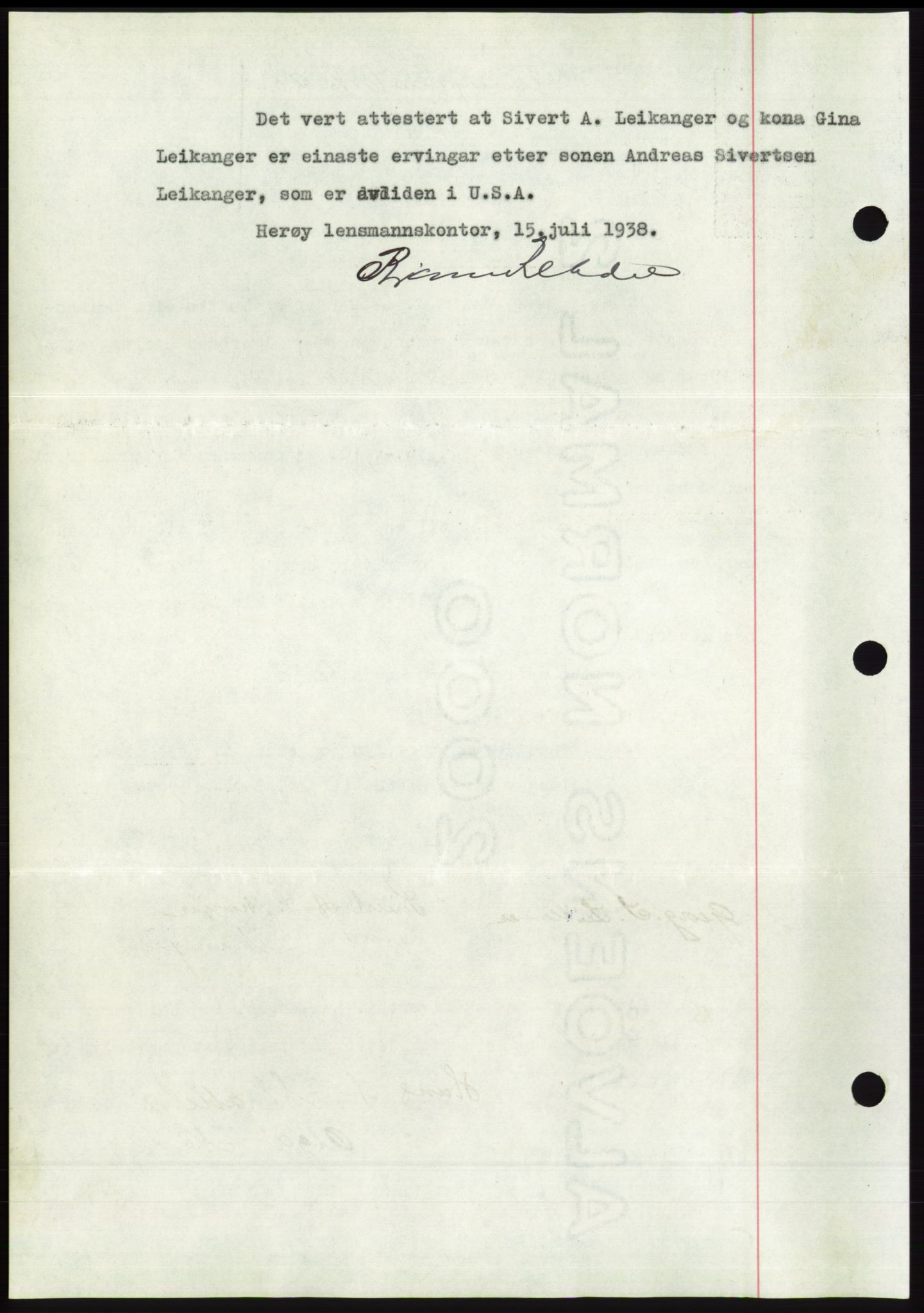 Søre Sunnmøre sorenskriveri, AV/SAT-A-4122/1/2/2C/L0065: Mortgage book no. 59, 1938-1938, Diary no: : 1021/1938