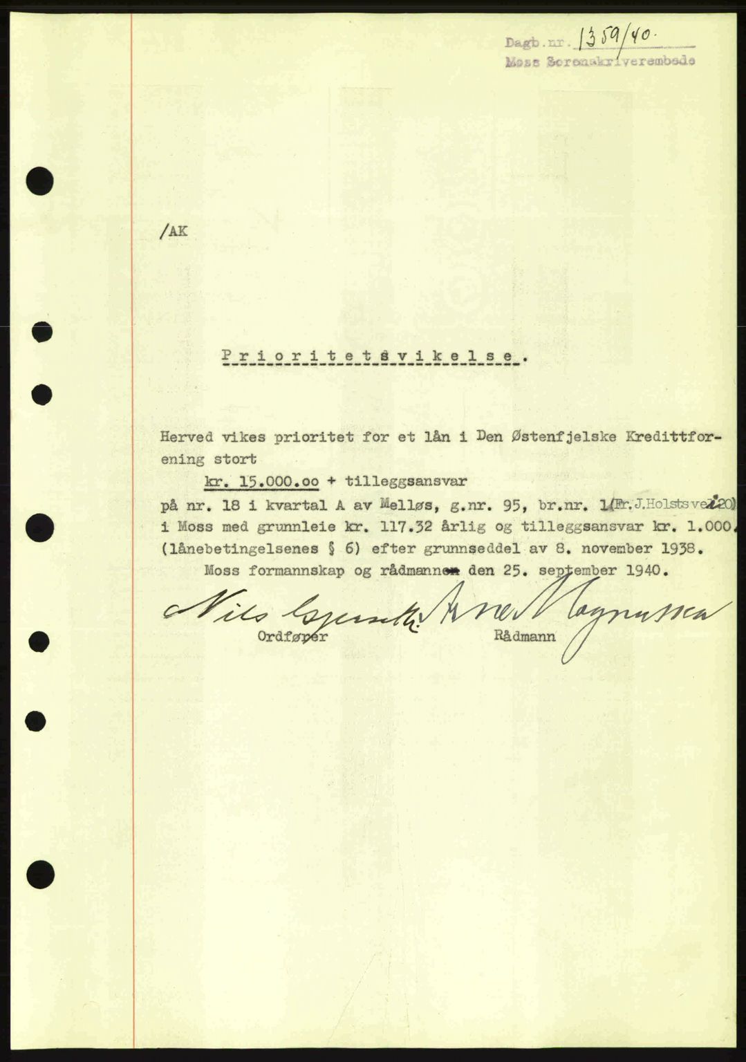 Moss sorenskriveri, SAO/A-10168: Mortgage book no. B10, 1940-1941, Diary no: : 1349/1940