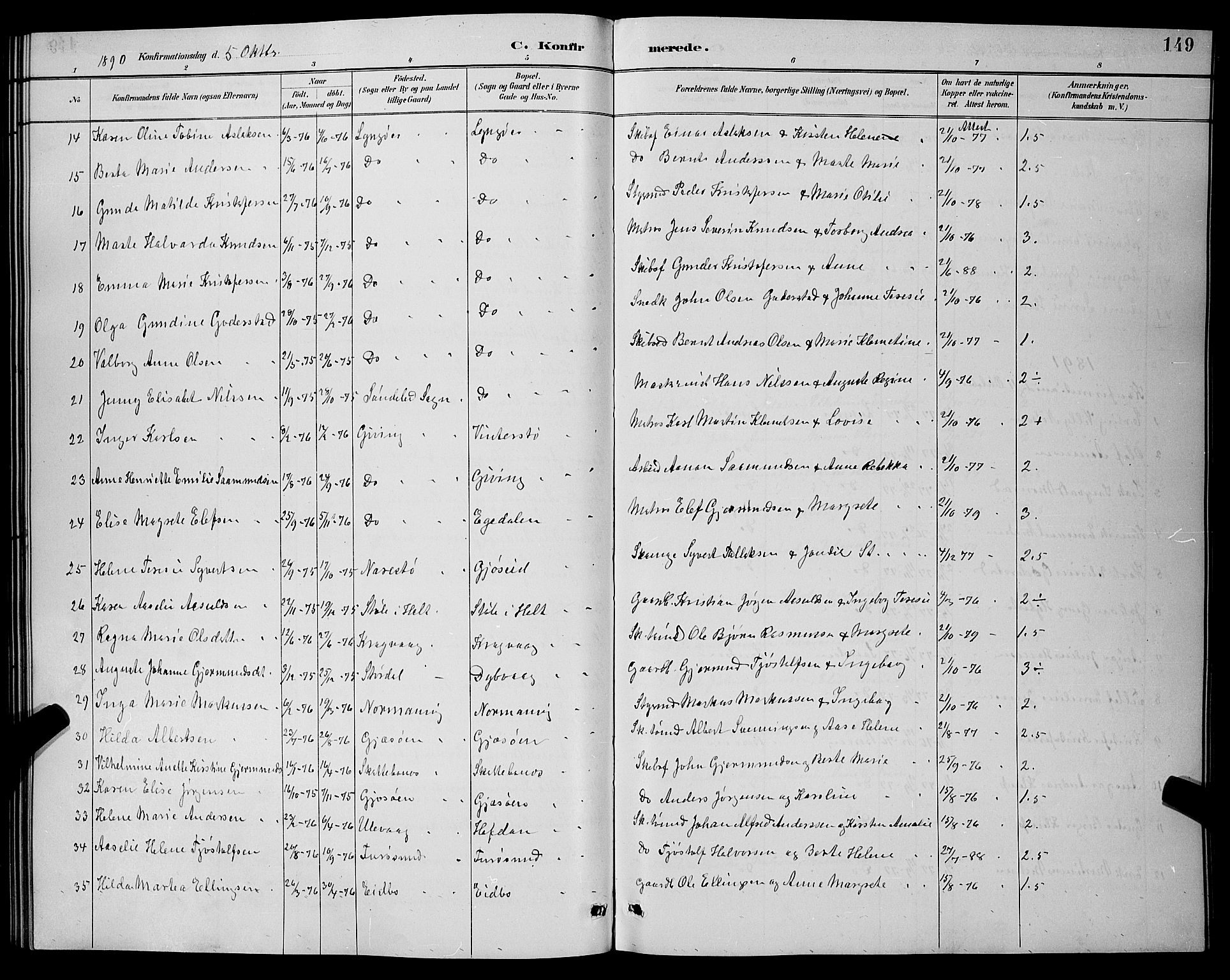 Dypvåg sokneprestkontor, AV/SAK-1111-0007/F/Fb/Fba/L0013: Parish register (copy) no. B 13, 1887-1900, p. 149