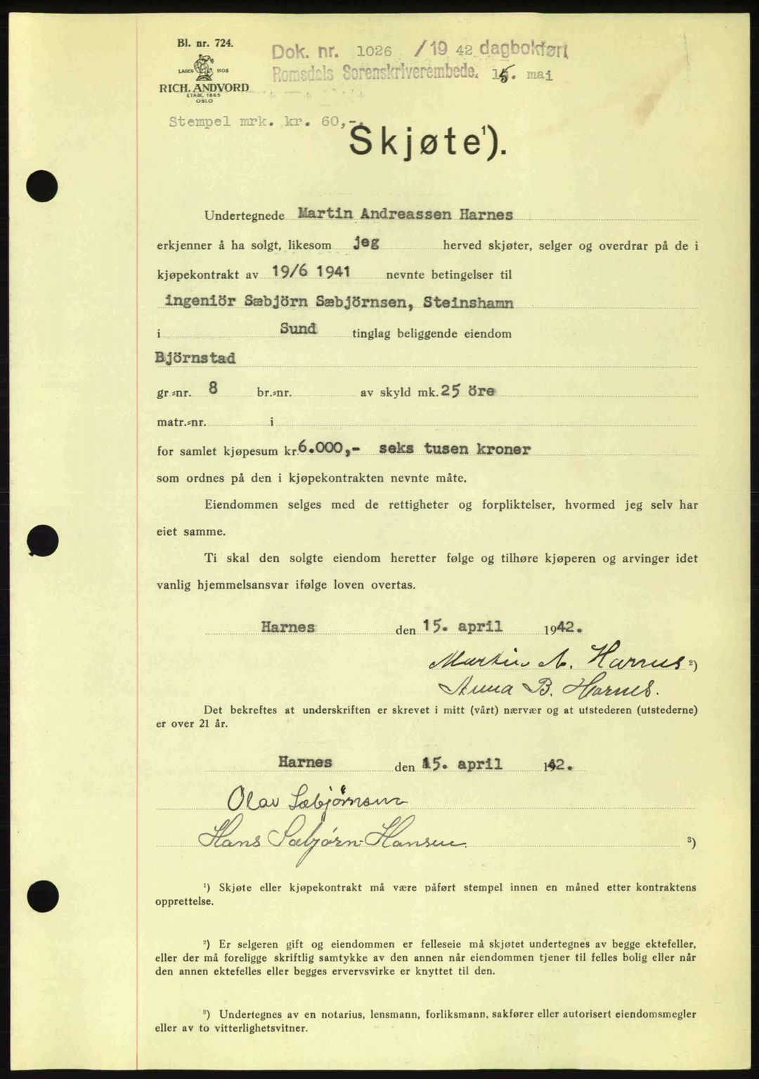 Romsdal sorenskriveri, AV/SAT-A-4149/1/2/2C: Mortgage book no. A12, 1942-1942, Diary no: : 1026/1942