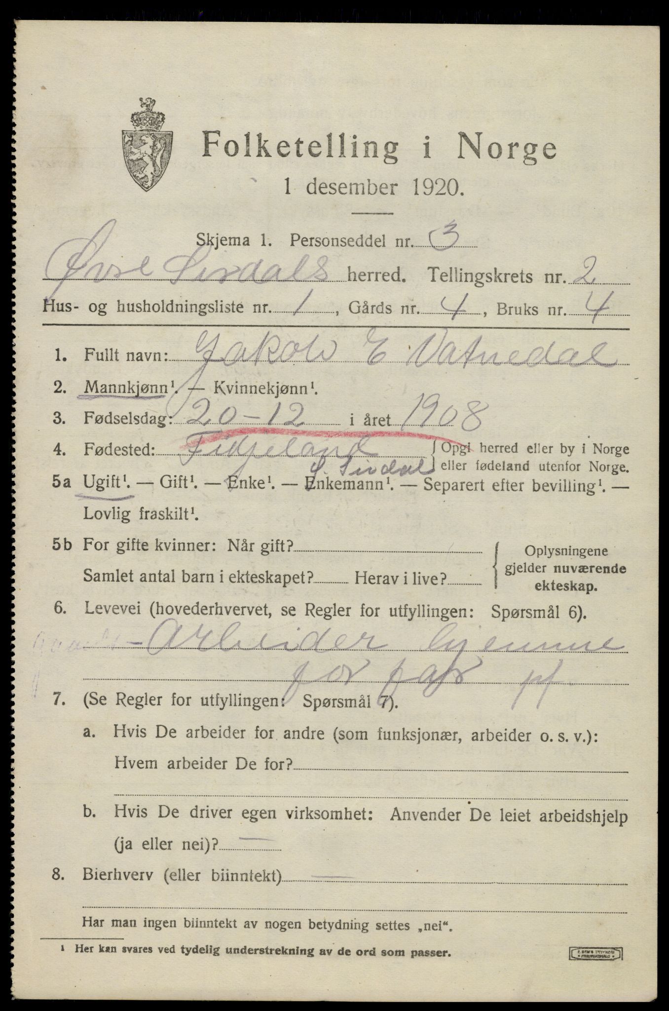 SAK, 1920 census for Øvre Sirdal, 1920, p. 429