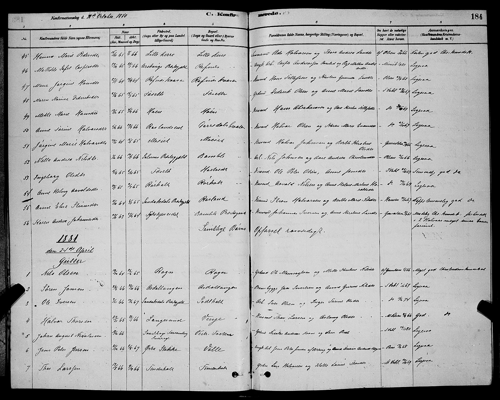 Bamble kirkebøker, SAKO/A-253/G/Ga/L0008: Parish register (copy) no. I 8, 1878-1888, p. 184