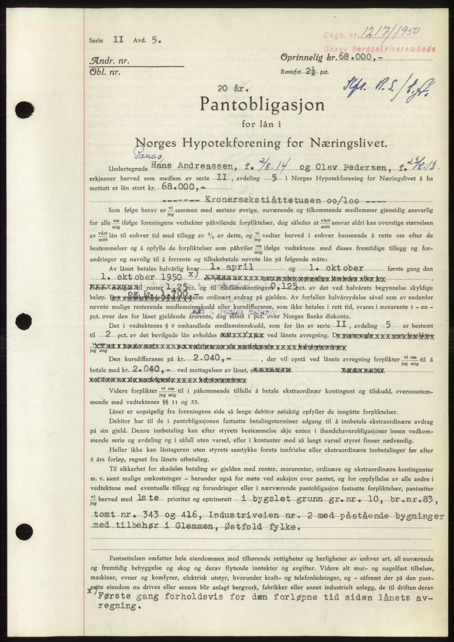 Onsøy sorenskriveri, SAO/A-10474/G/Ga/Gac/L0009: Mortgage book no. B 13-9, 1949-1950, Diary no: : 1217/1950