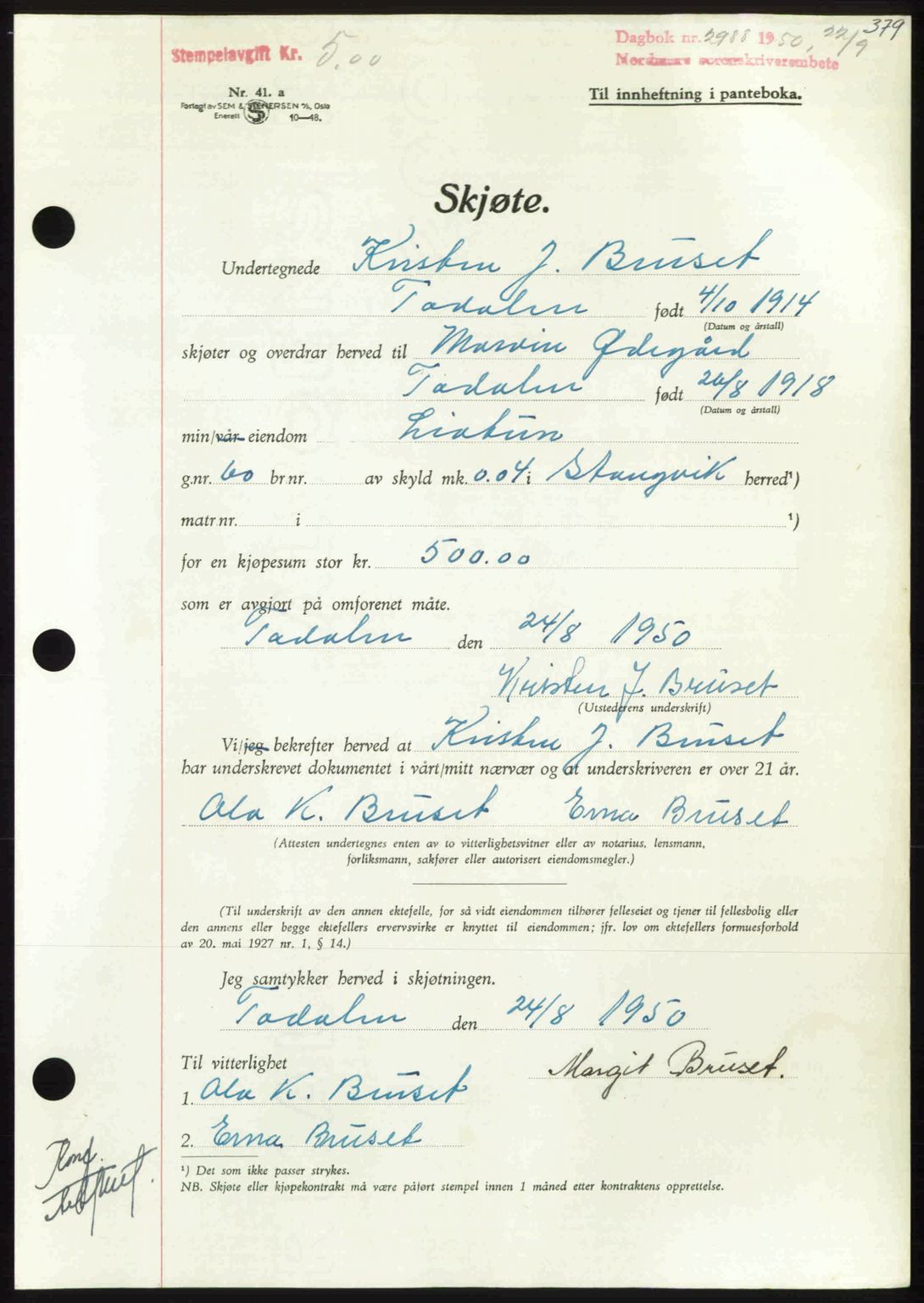 Nordmøre sorenskriveri, AV/SAT-A-4132/1/2/2Ca: Mortgage book no. A116, 1950-1950, Diary no: : 2988/1950