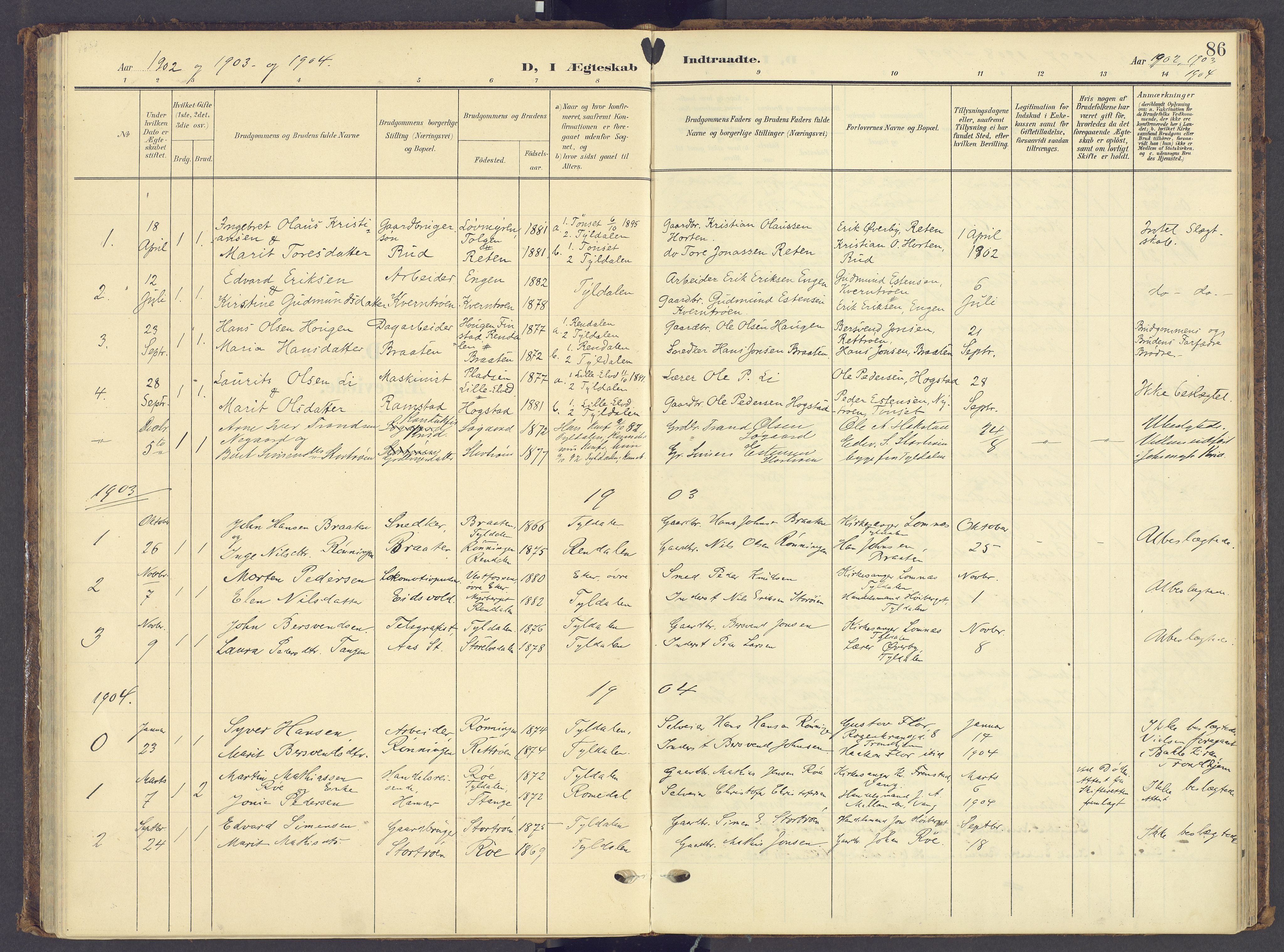 Tynset prestekontor, AV/SAH-PREST-058/H/Ha/Haa/L0028: Parish register (official) no. 28, 1902-1929, p. 86