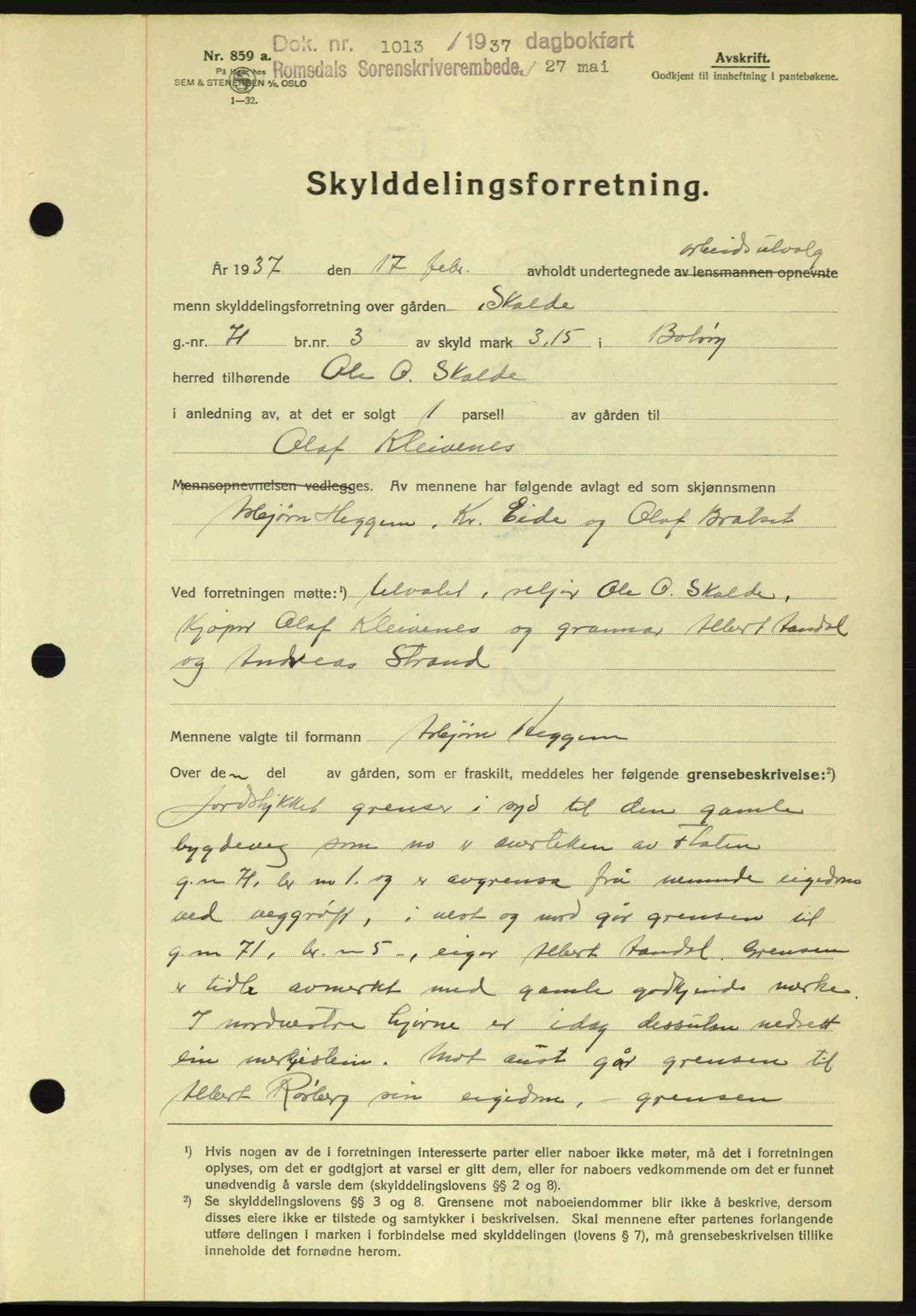 Romsdal sorenskriveri, SAT/A-4149/1/2/2C: Mortgage book no. A3, 1937-1937, Diary no: : 1013/1937