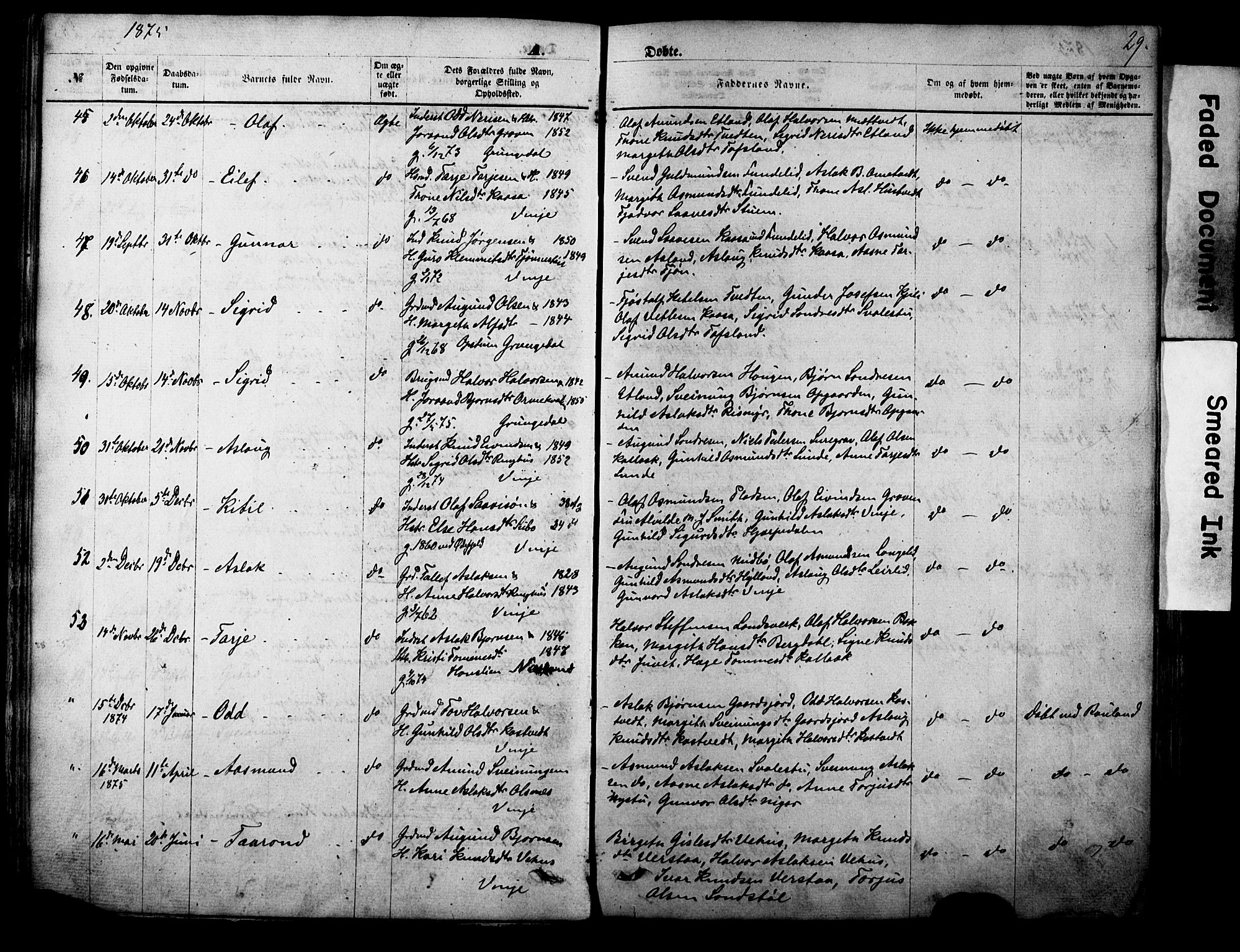 Vinje kirkebøker, AV/SAKO-A-312/F/Fa/L0005: Parish register (official) no. I 5, 1870-1886, p. 29