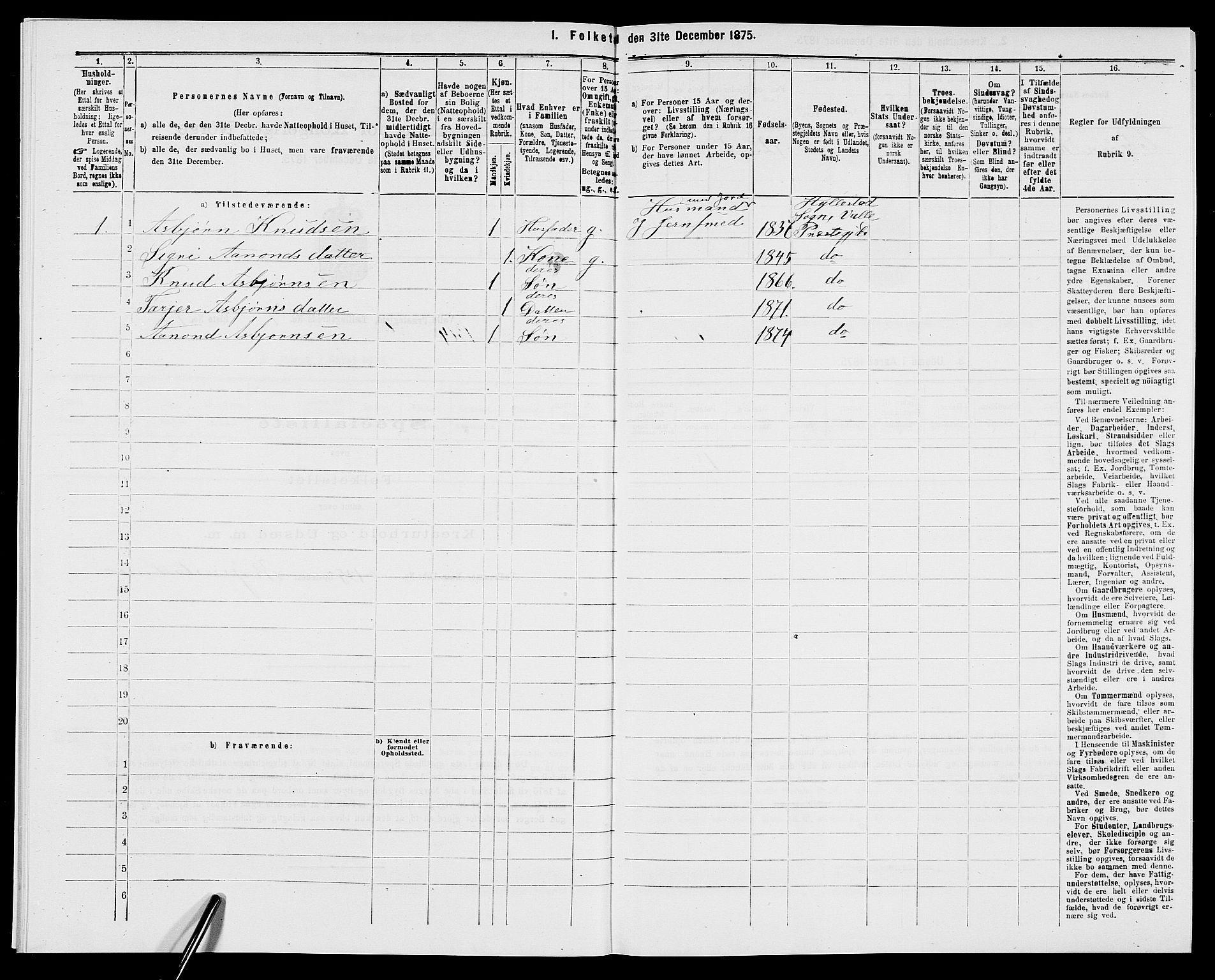 SAK, 1875 census for 0940P Valle, 1875, p. 70