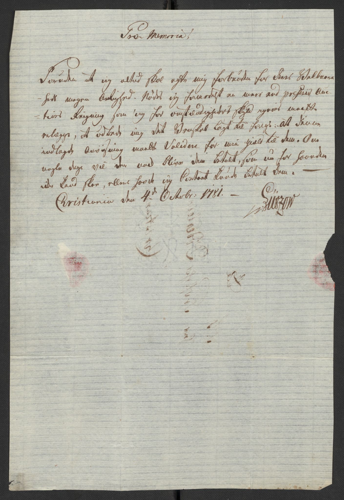 Oslo politidistrikt, AV/SAO-A-10085/D/Da/L0003: Innkomne brev, pro memoria m.v., 1781, p. 131