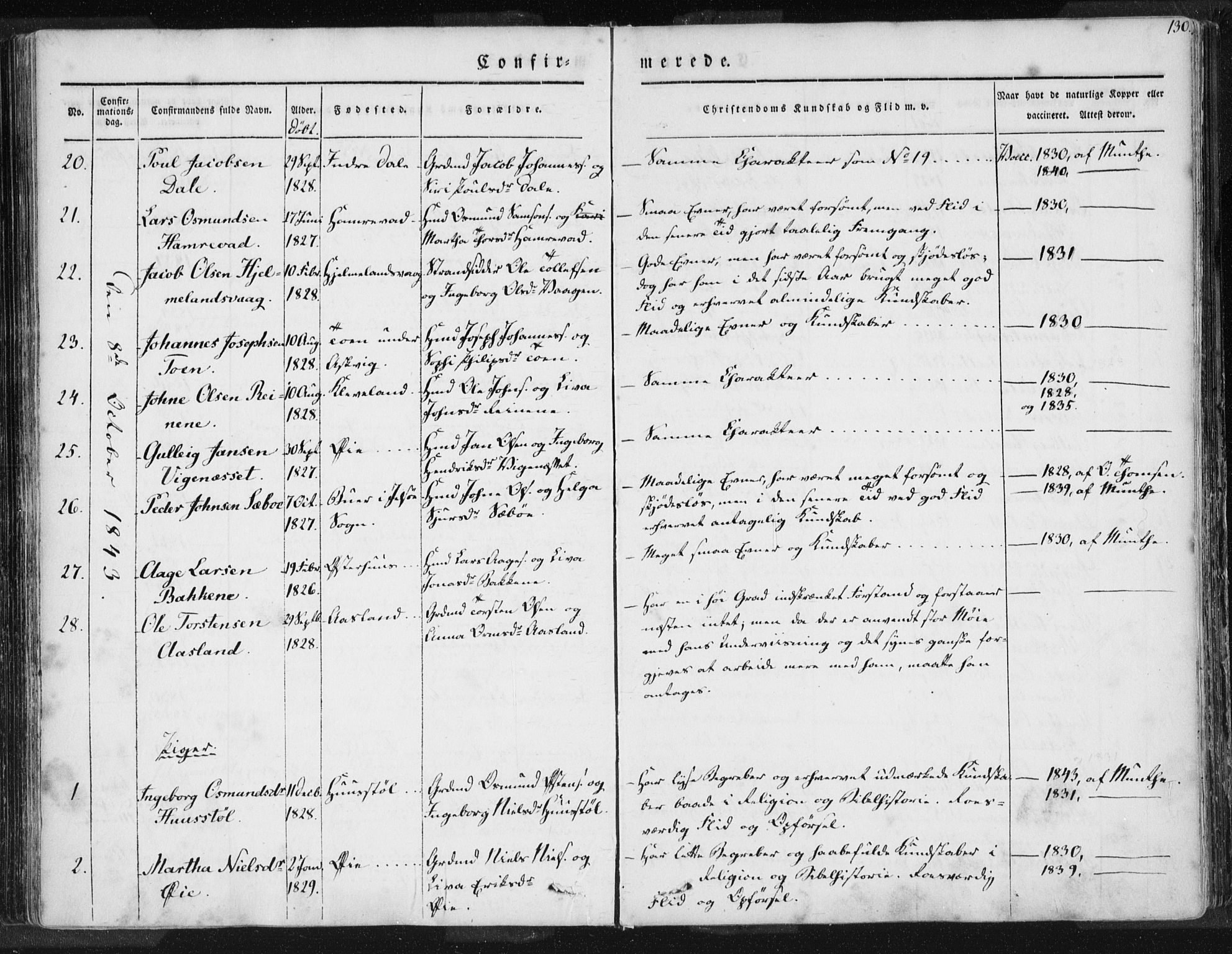 Hjelmeland sokneprestkontor, SAST/A-101843/01/IV/L0006: Parish register (official) no. A 6, 1834-1845, p. 130