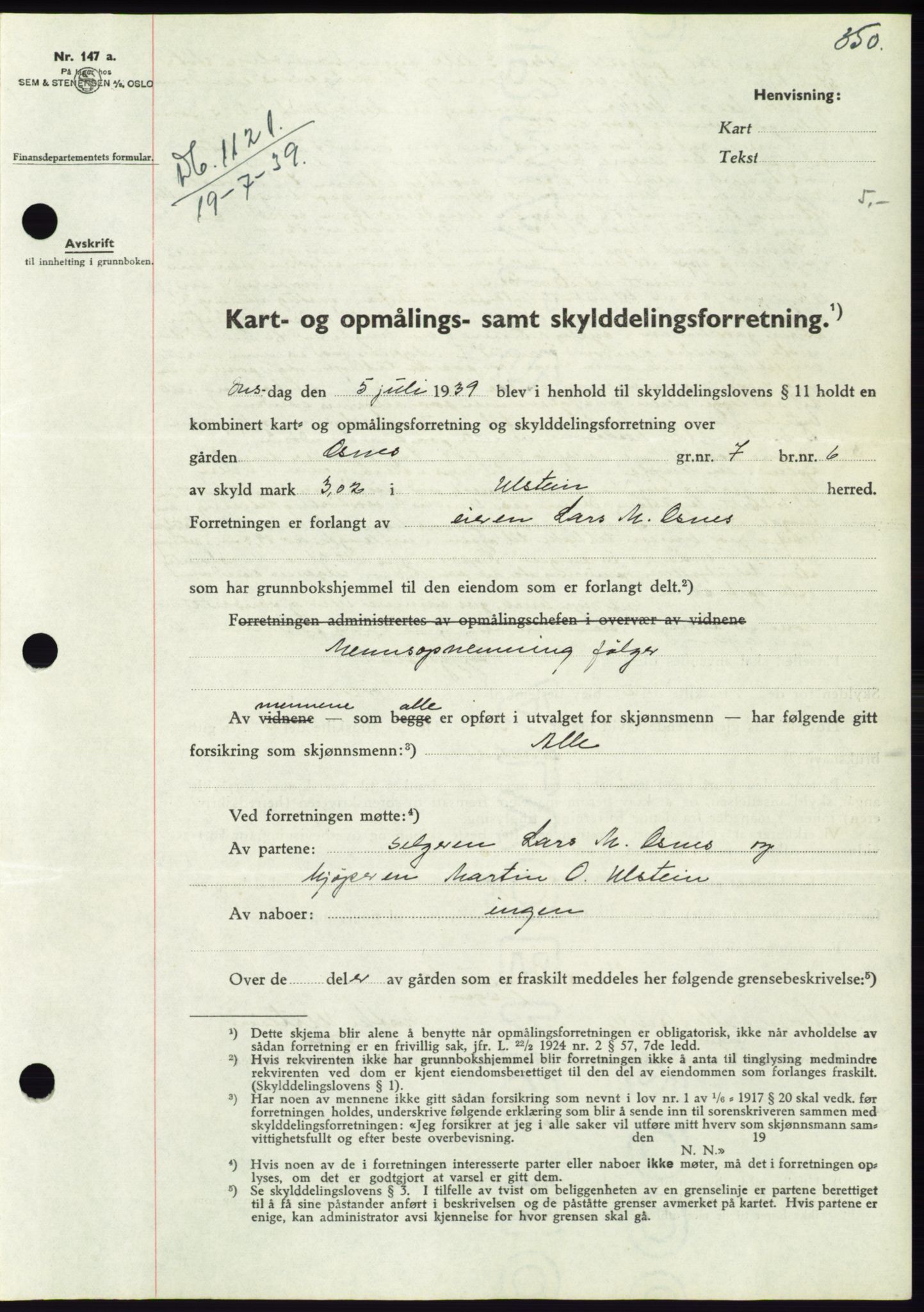 Søre Sunnmøre sorenskriveri, AV/SAT-A-4122/1/2/2C/L0068: Mortgage book no. 62, 1939-1939, Diary no: : 1121/1939