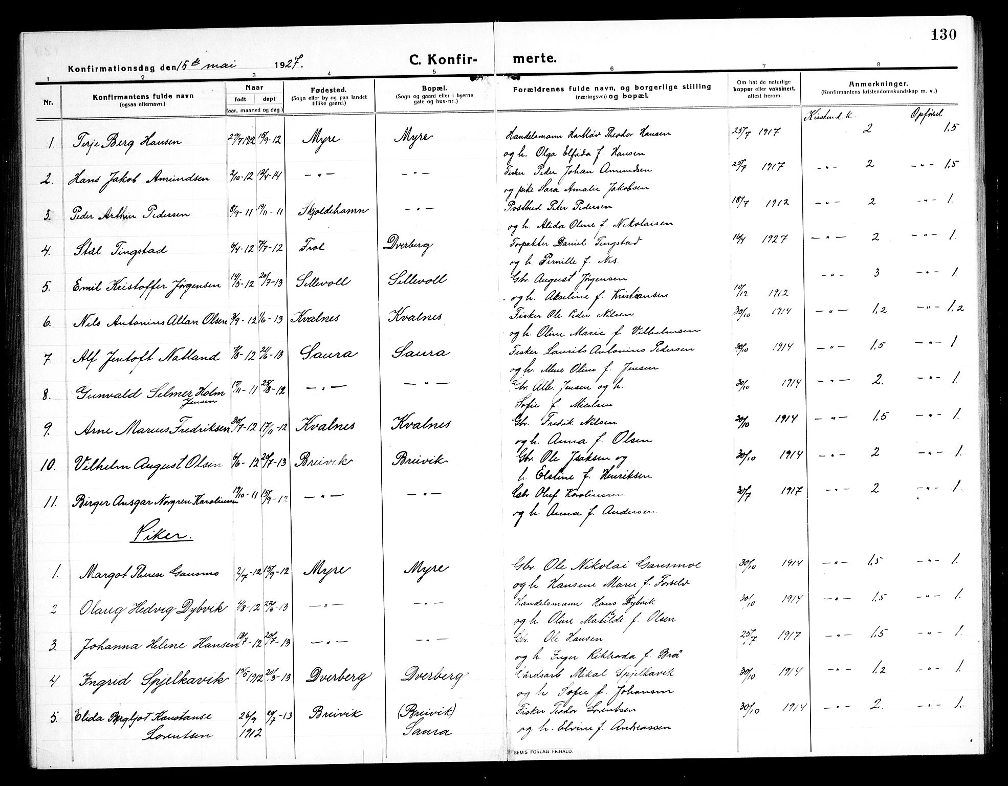 Ministerialprotokoller, klokkerbøker og fødselsregistre - Nordland, AV/SAT-A-1459/897/L1415: Parish register (copy) no. 897C05, 1916-1945, p. 130