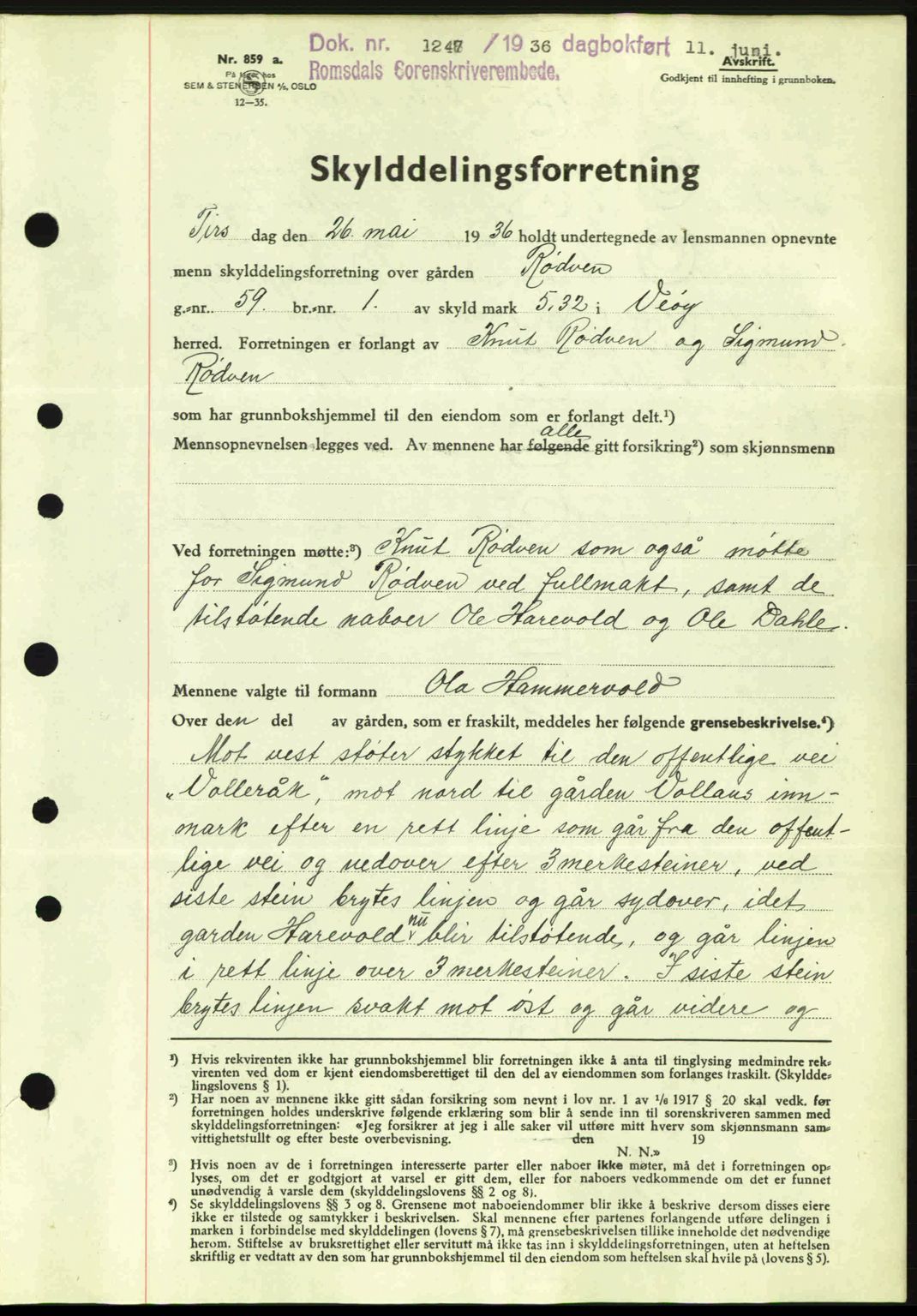 Romsdal sorenskriveri, AV/SAT-A-4149/1/2/2C: Mortgage book no. A1, 1936-1936, Diary no: : 1247/1936