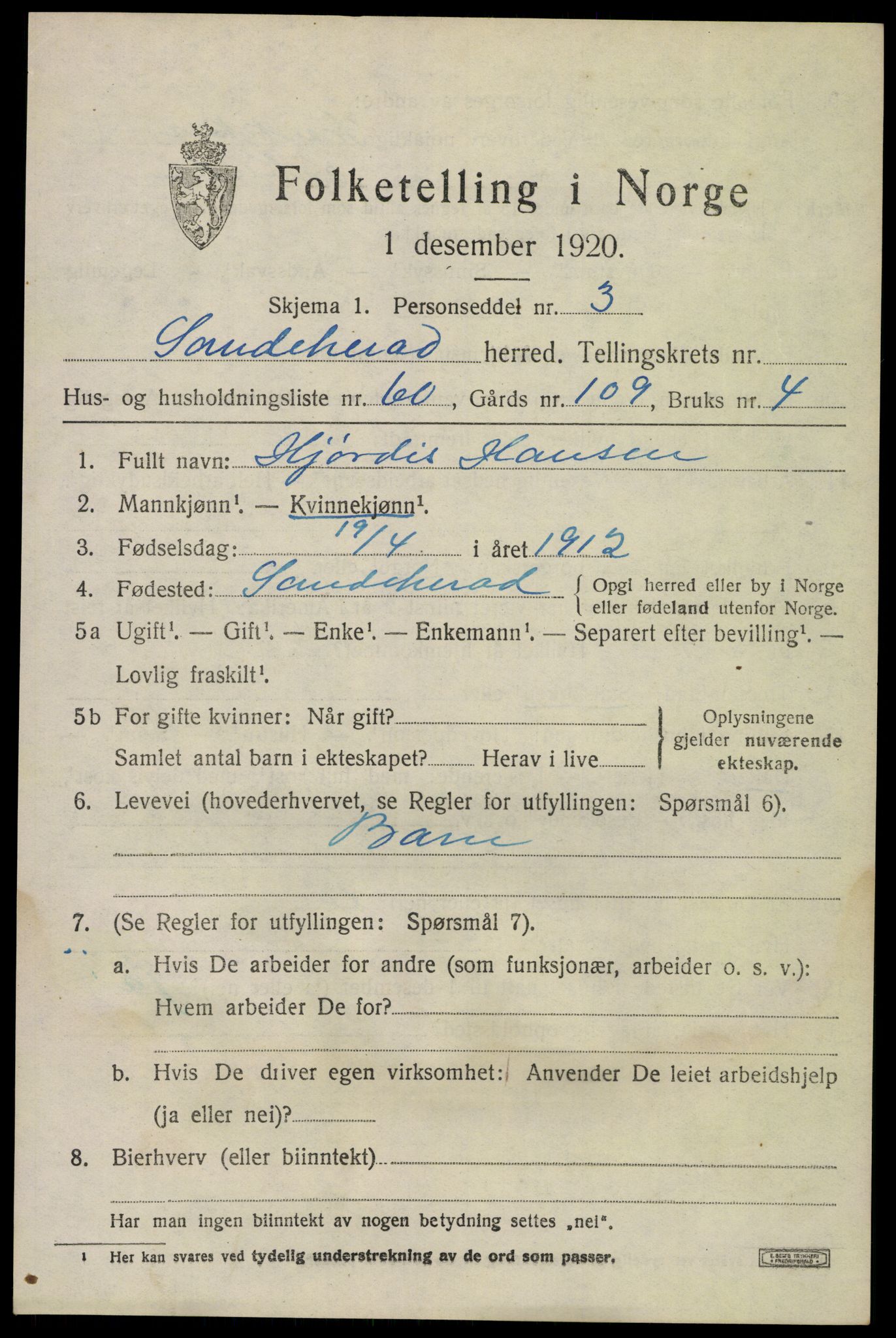 SAKO, 1920 census for Sandeherred, 1920, p. 15274