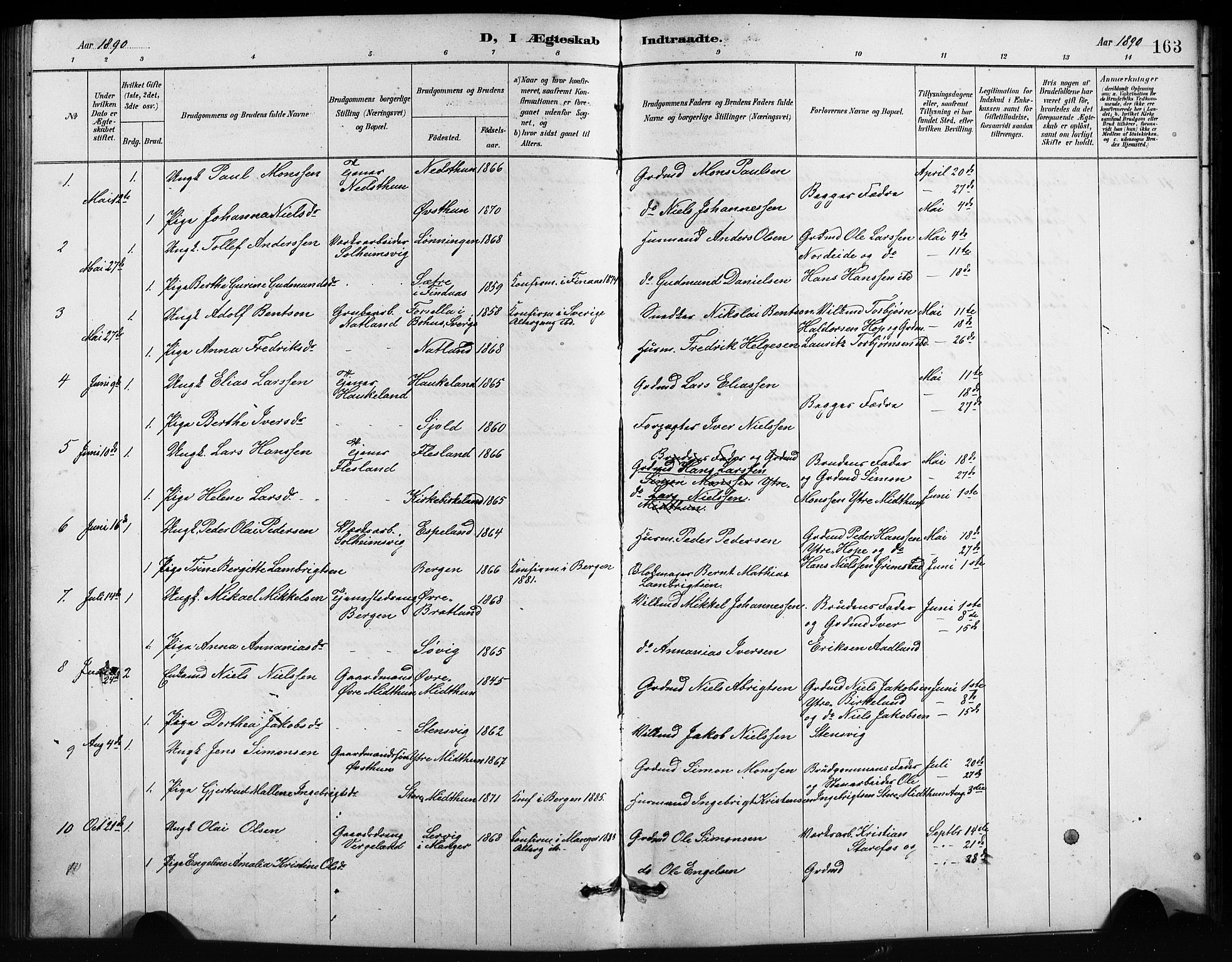 Birkeland Sokneprestembete, SAB/A-74601/H/Hab: Parish register (copy) no. A 4, 1888-1897, p. 163