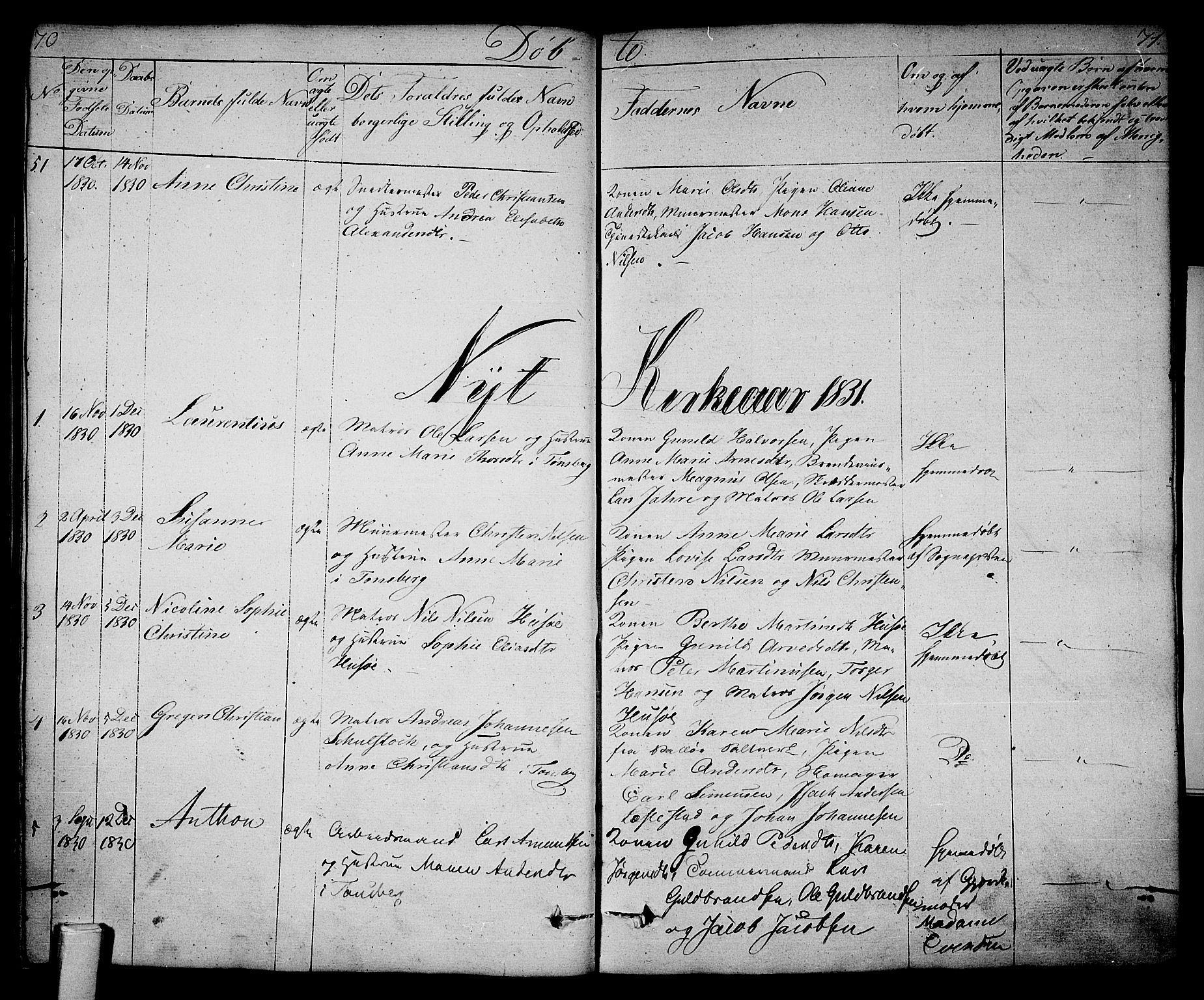 Tønsberg kirkebøker, SAKO/A-330/F/Fa/L0005: Parish register (official) no. I 5, 1827-1836, p. 70-71