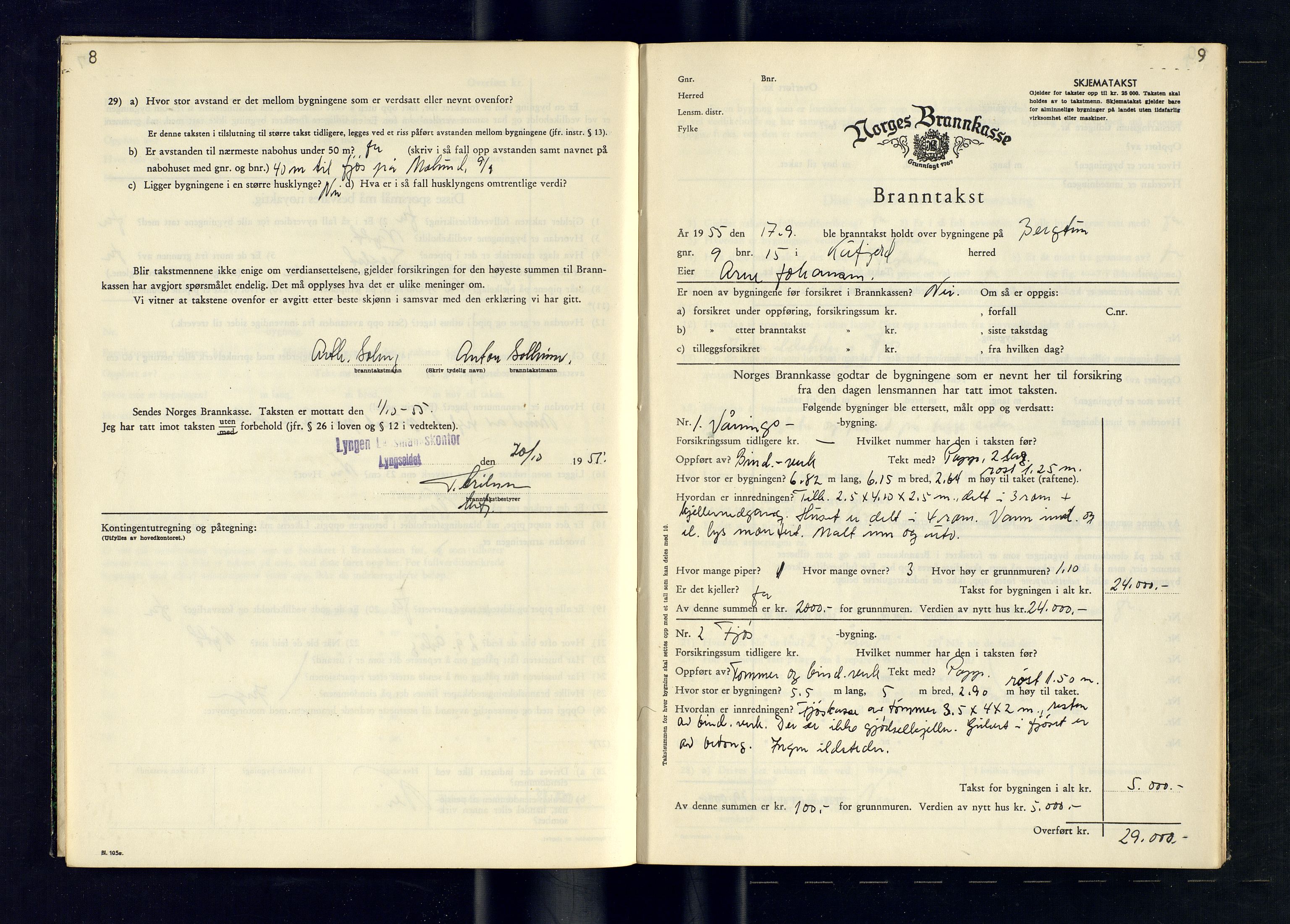 Lyngen lensmannskontor, AV/SATØ-SATO-99/F/Fm/Fmb/L0145: Branntakstprotokoller, 1955, p. 8-9