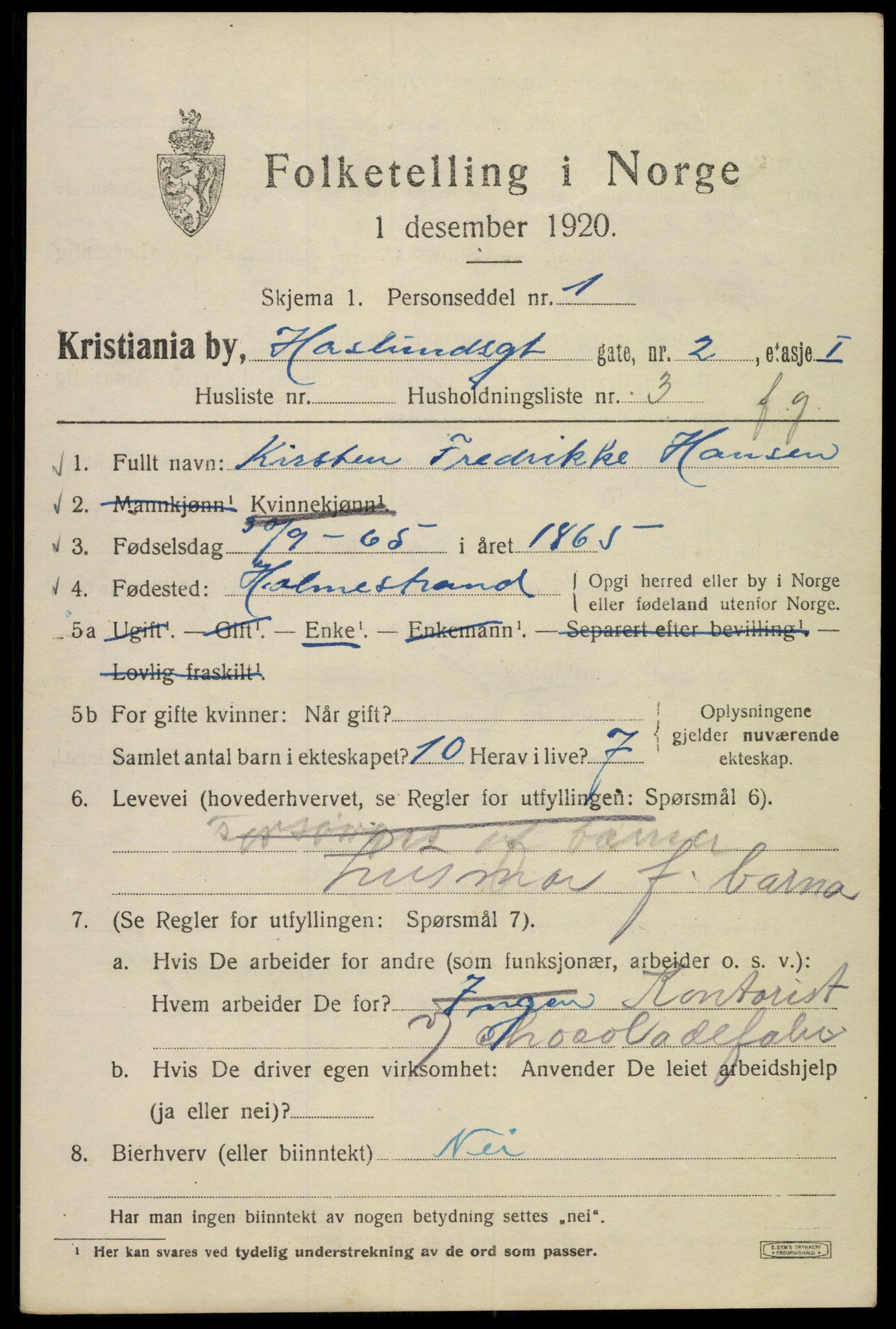 SAO, 1920 census for Kristiania, 1920, p. 271903