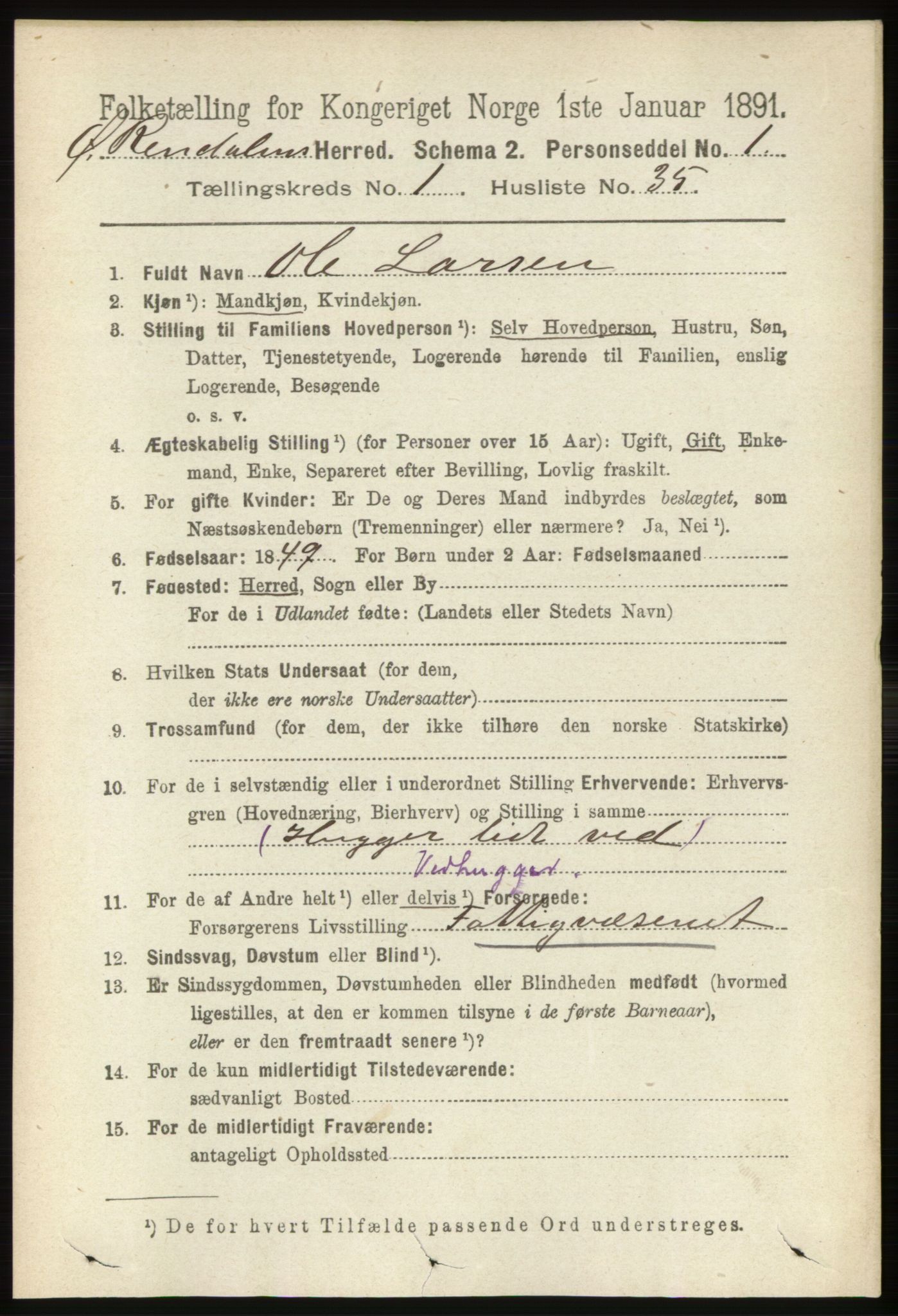 RA, 1891 census for 0433 Øvre Rendal, 1891, p. 266