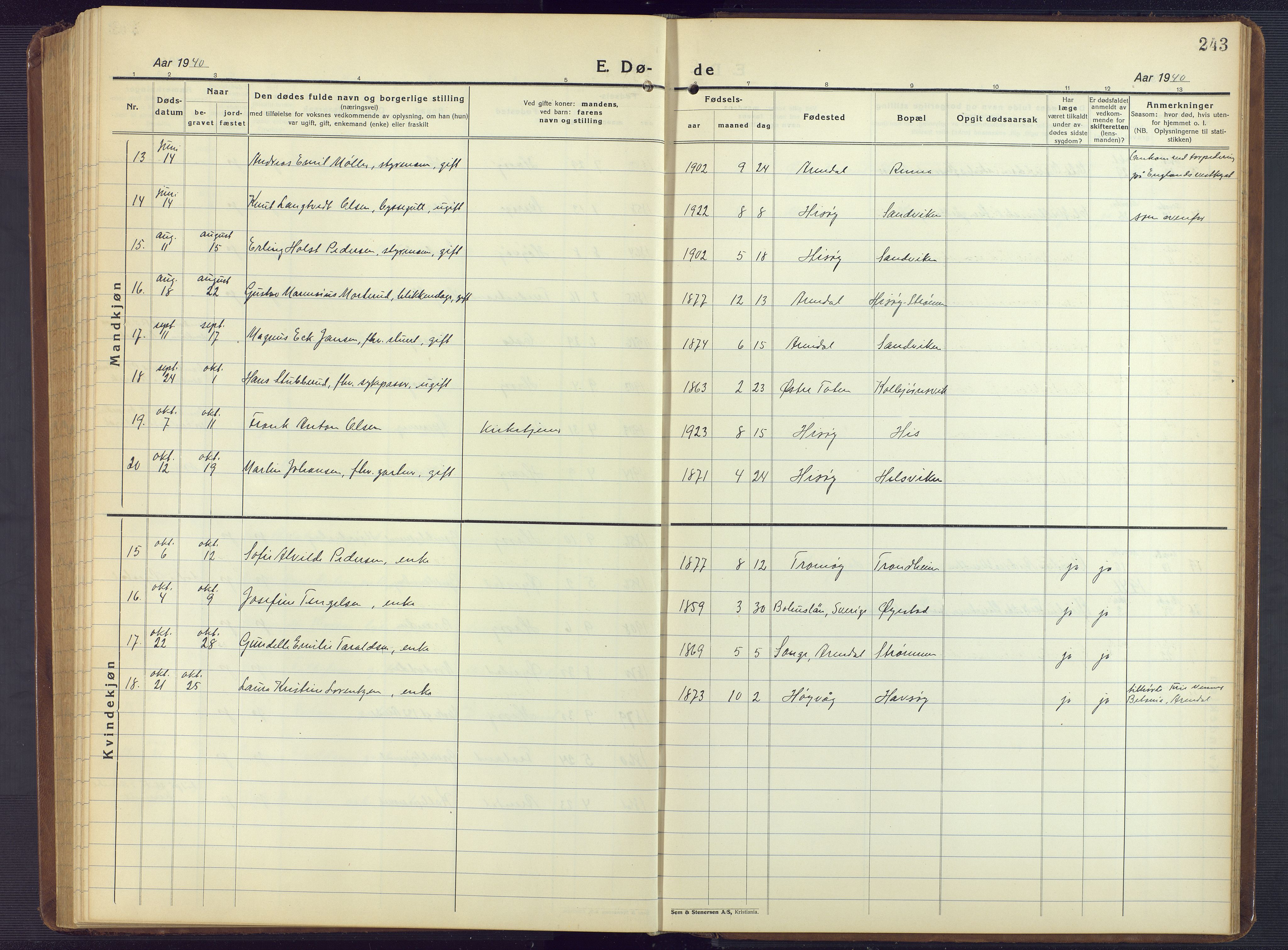 Hisøy sokneprestkontor, AV/SAK-1111-0020/F/Fb/L0005: Parish register (copy) no. B 5, 1924-1946, p. 243