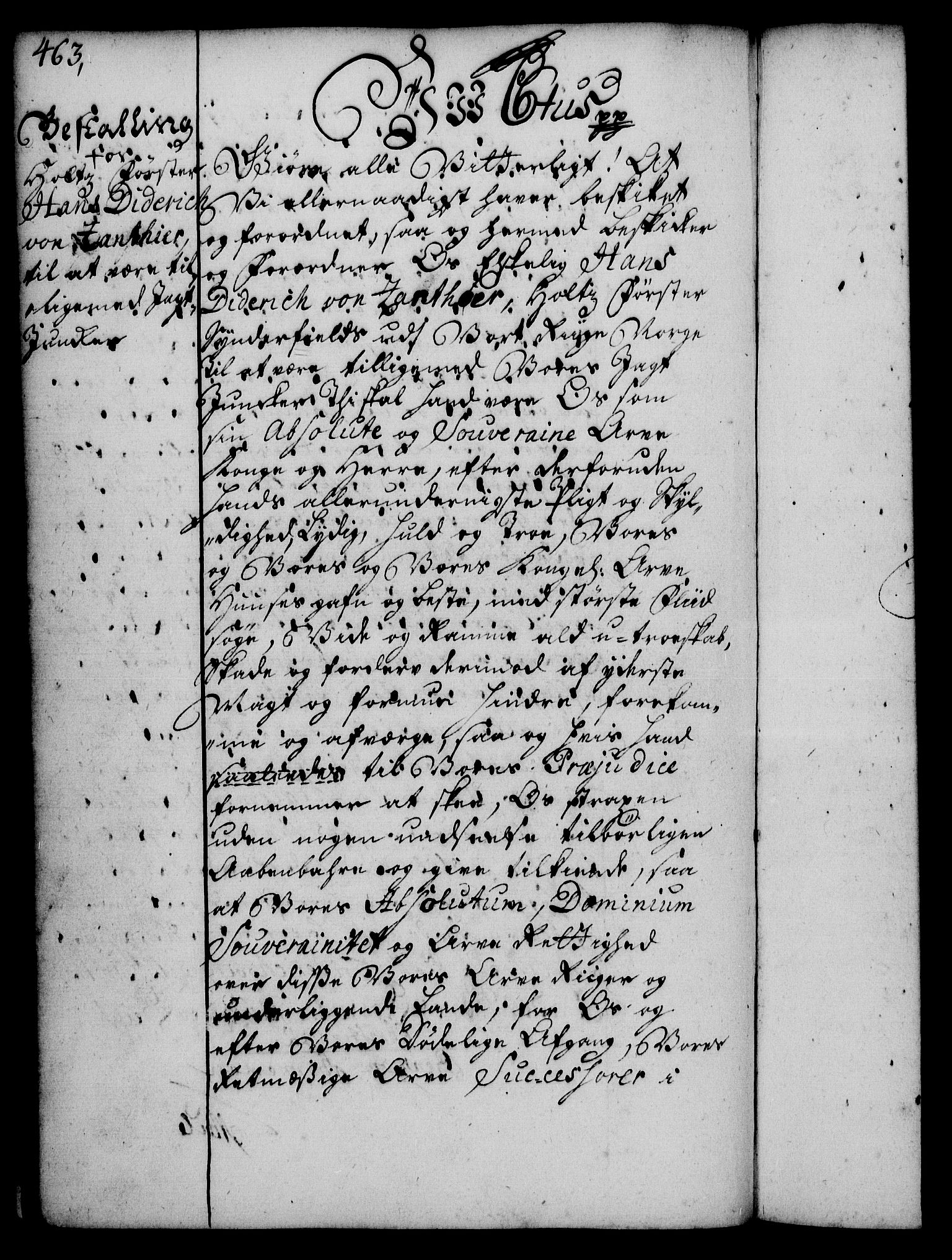 Rentekammeret, Kammerkanselliet, RA/EA-3111/G/Gg/Gge/L0002: Norsk bestallingsprotokoll med register (merket RK 53.26), 1730-1744, p. 463