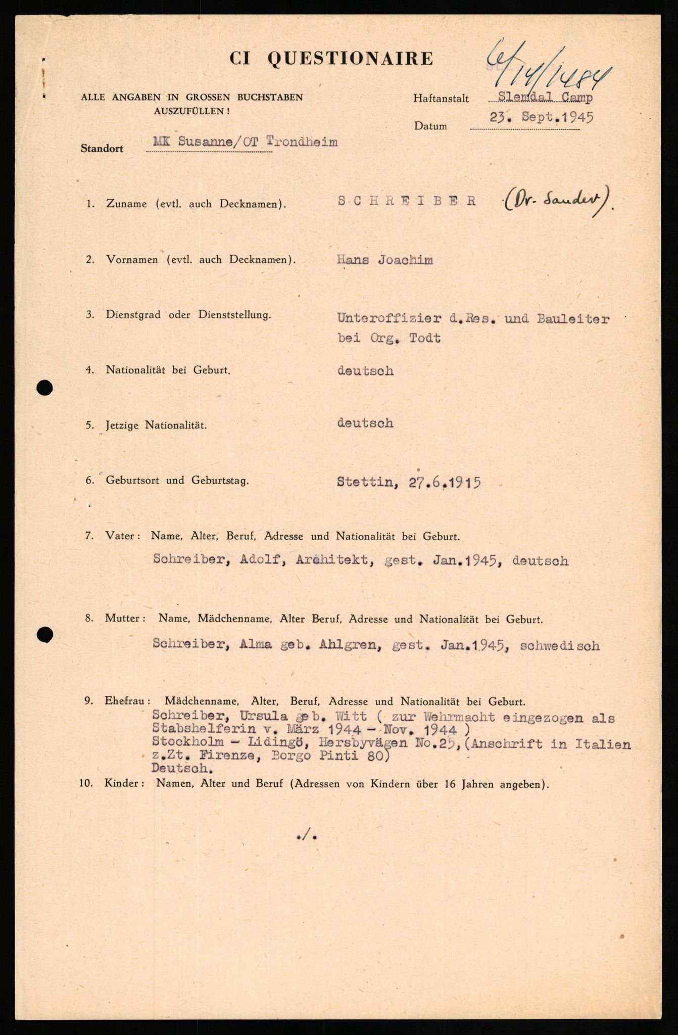 Forsvaret, Forsvarets overkommando II, AV/RA-RAFA-3915/D/Db/L0030: CI Questionaires. Tyske okkupasjonsstyrker i Norge. Tyskere., 1945-1946, p. 207