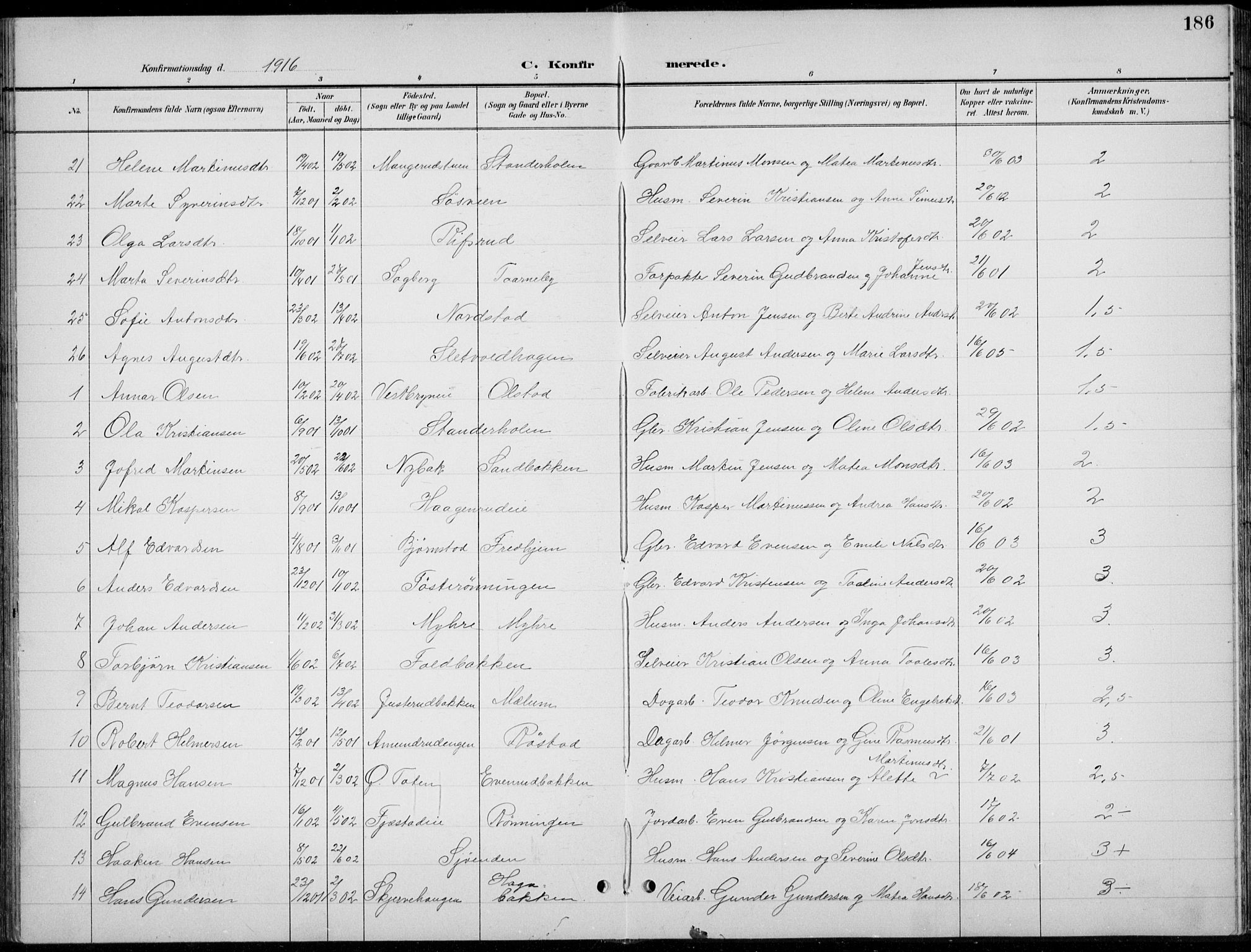 Romedal prestekontor, AV/SAH-PREST-004/L/L0013: Parish register (copy) no. 13, 1896-1937, p. 186