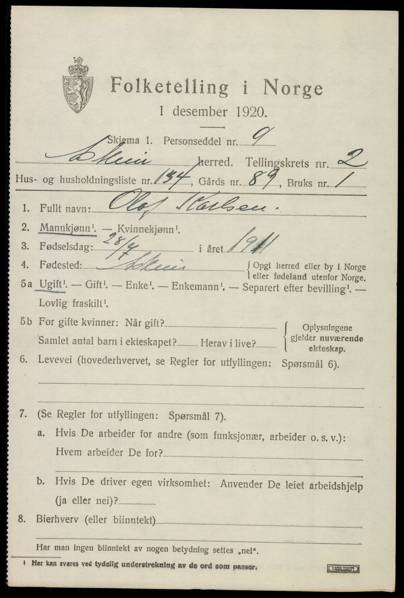 SAO, 1920 census for Askim, 1920, p. 6749