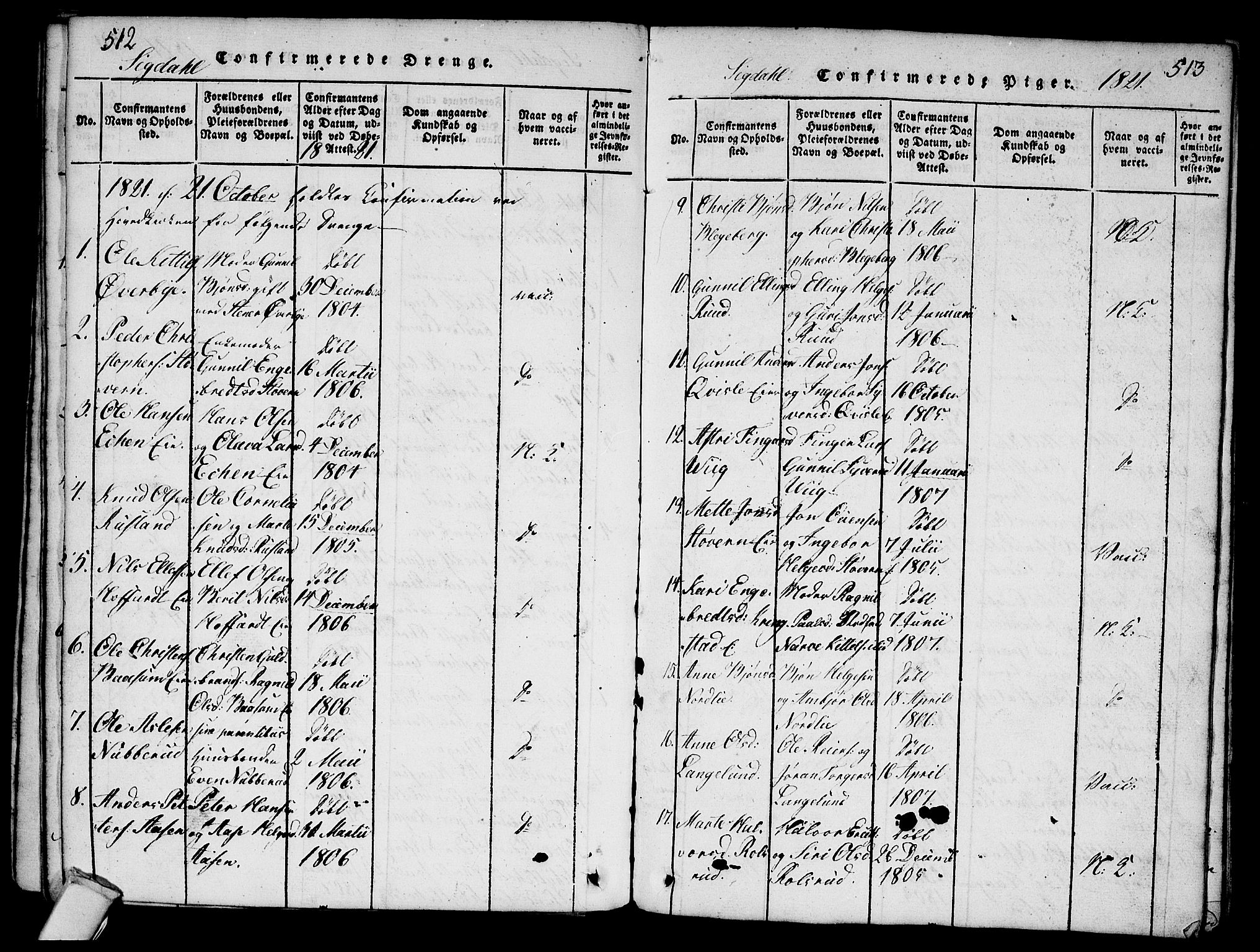 Sigdal kirkebøker, AV/SAKO-A-245/G/Ga/L0001: Parish register (copy) no. I 1 /1, 1816-1835, p. 512-513