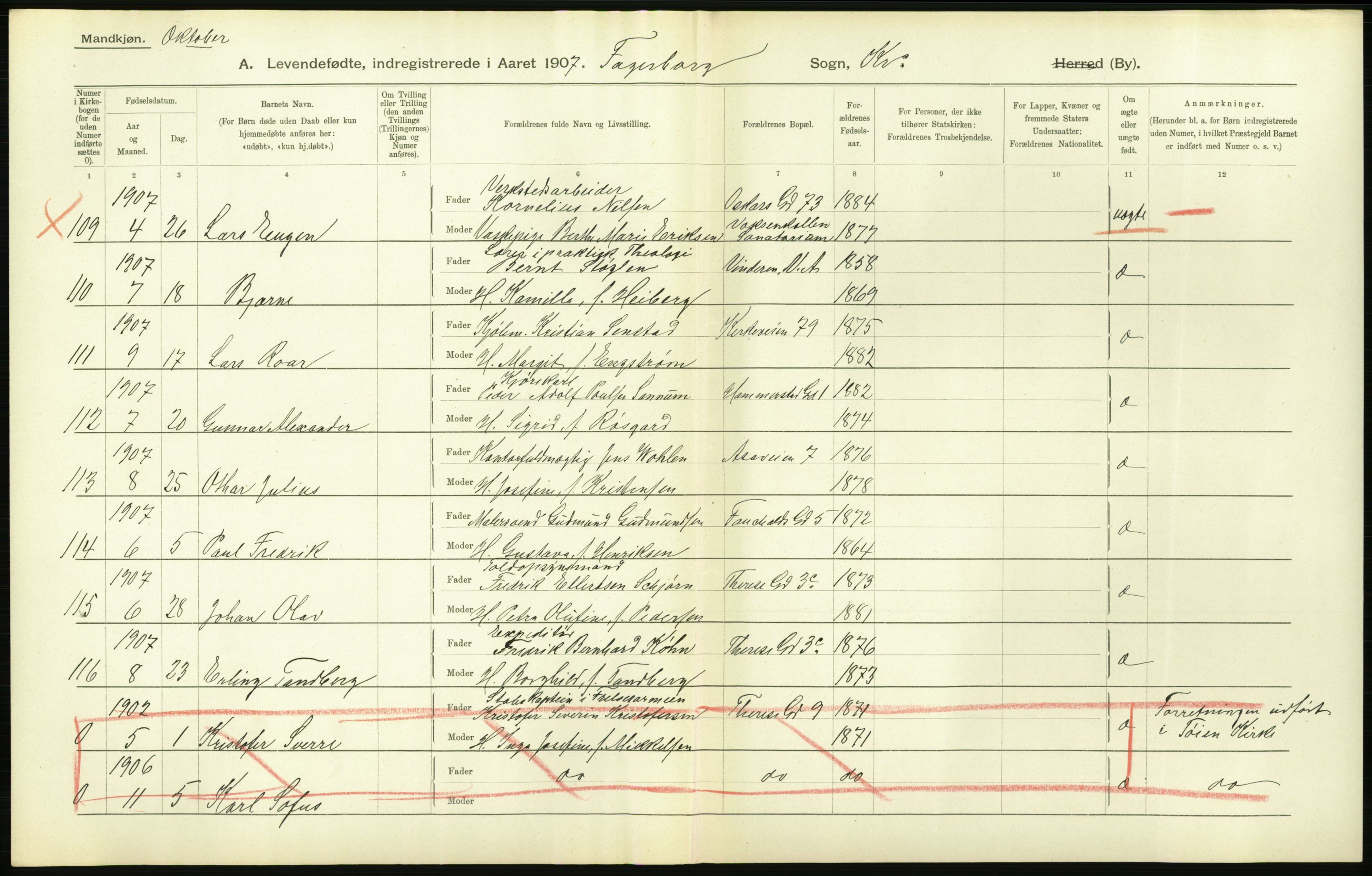 Statistisk sentralbyrå, Sosiodemografiske emner, Befolkning, AV/RA-S-2228/D/Df/Dfa/Dfae/L0006: Kristiania: Levendefødte menn og kvinner., 1907, p. 138