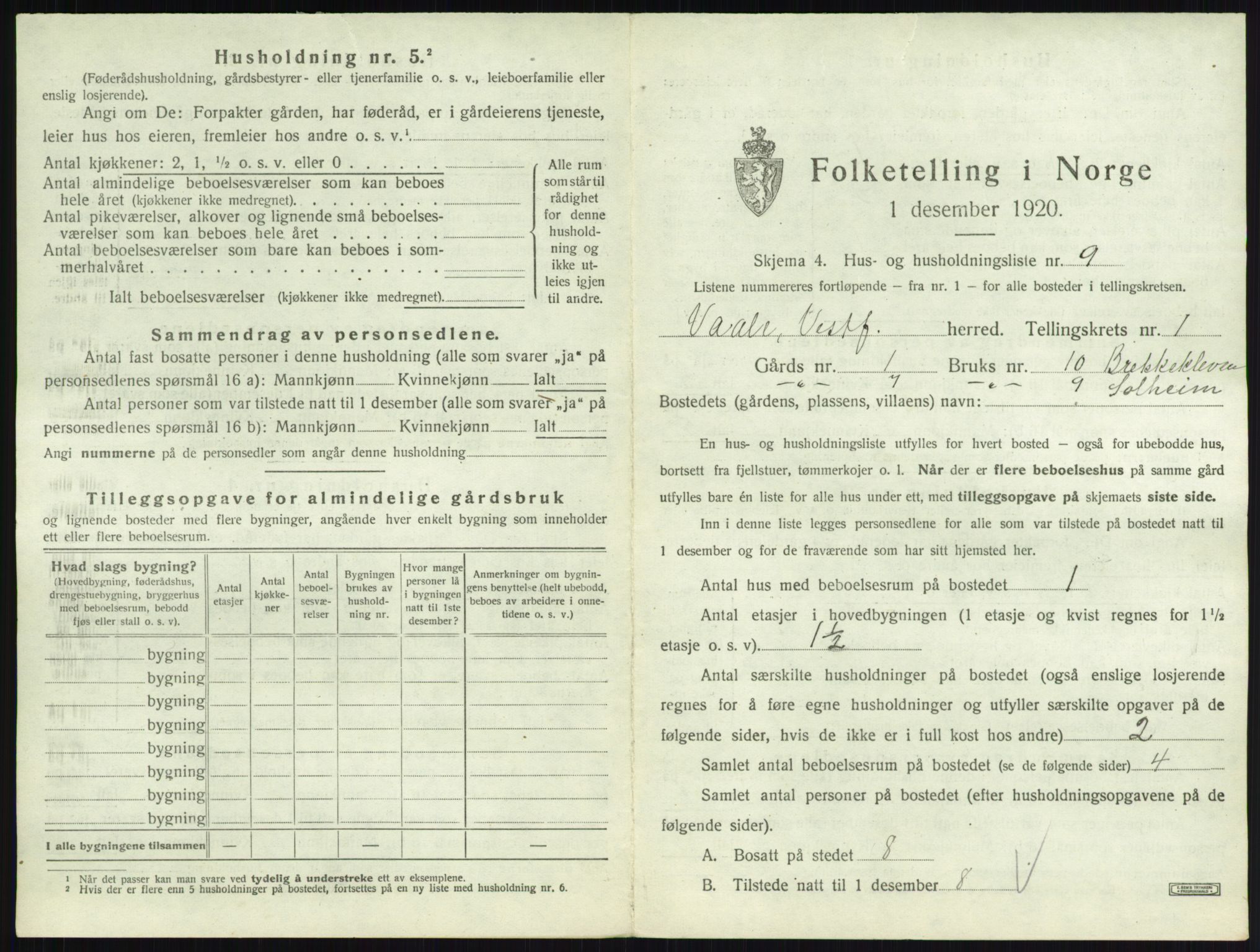 SAKO, 1920 census for Våle, 1920, p. 63