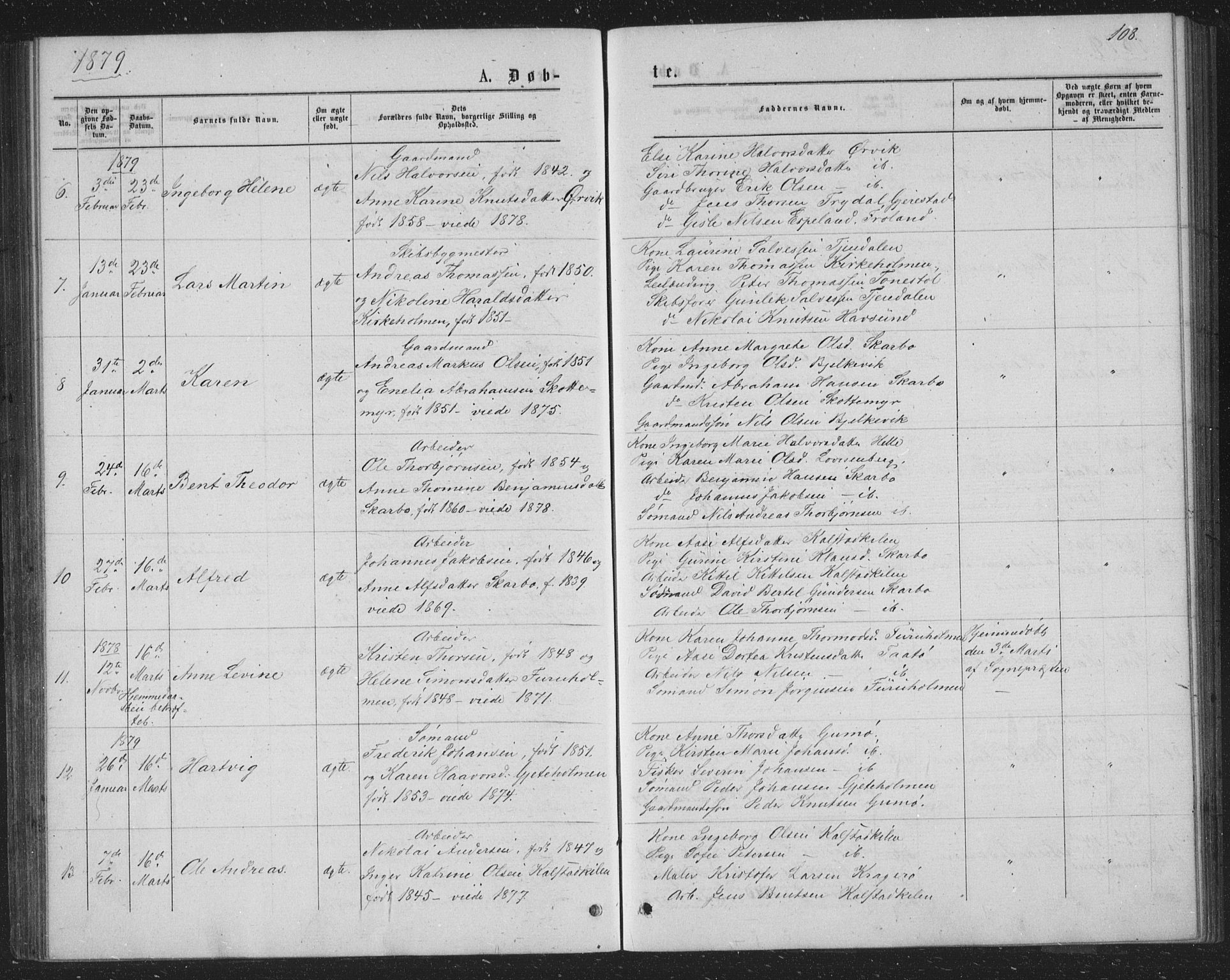 Skåtøy kirkebøker, SAKO/A-304/G/Ga/L0002: Parish register (copy) no. I 2, 1872-1884, p. 108
