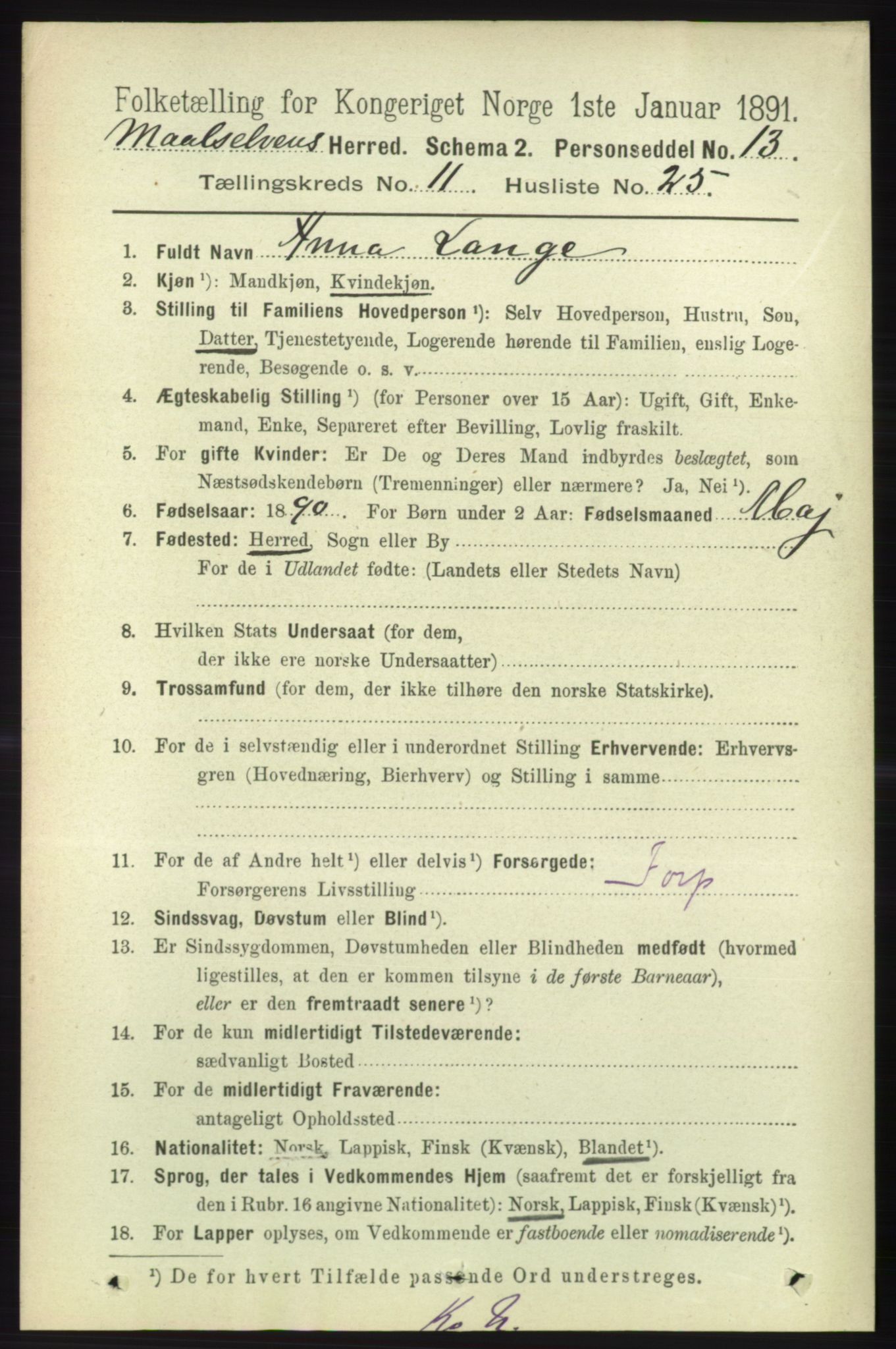 RA, 1891 census for 1924 Målselv, 1891, p. 3441