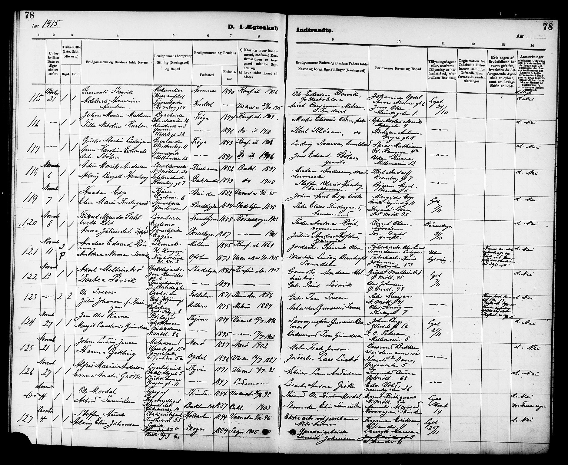 Ministerialprotokoller, klokkerbøker og fødselsregistre - Sør-Trøndelag, AV/SAT-A-1456/605/L0255: Parish register (copy) no. 605C02, 1908-1918, p. 78
