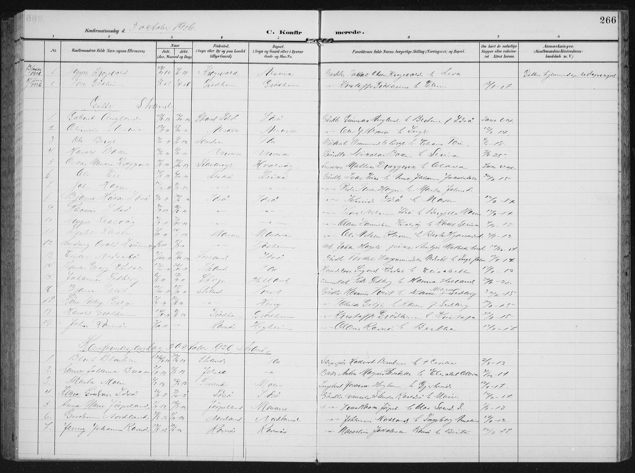Strand sokneprestkontor, SAST/A-101828/H/Ha/Hab/L0005: Parish register (copy) no. B 5, 1904-1934, p. 266