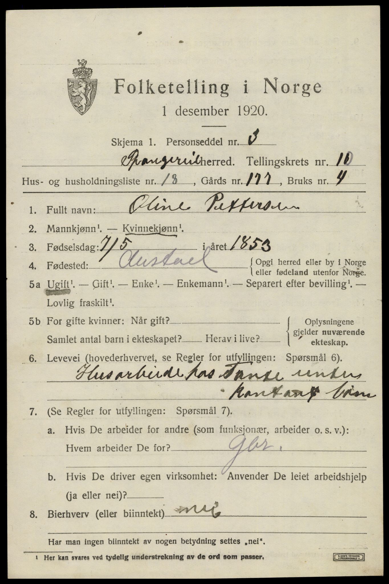 SAK, 1920 census for Spangereid, 1920, p. 3647