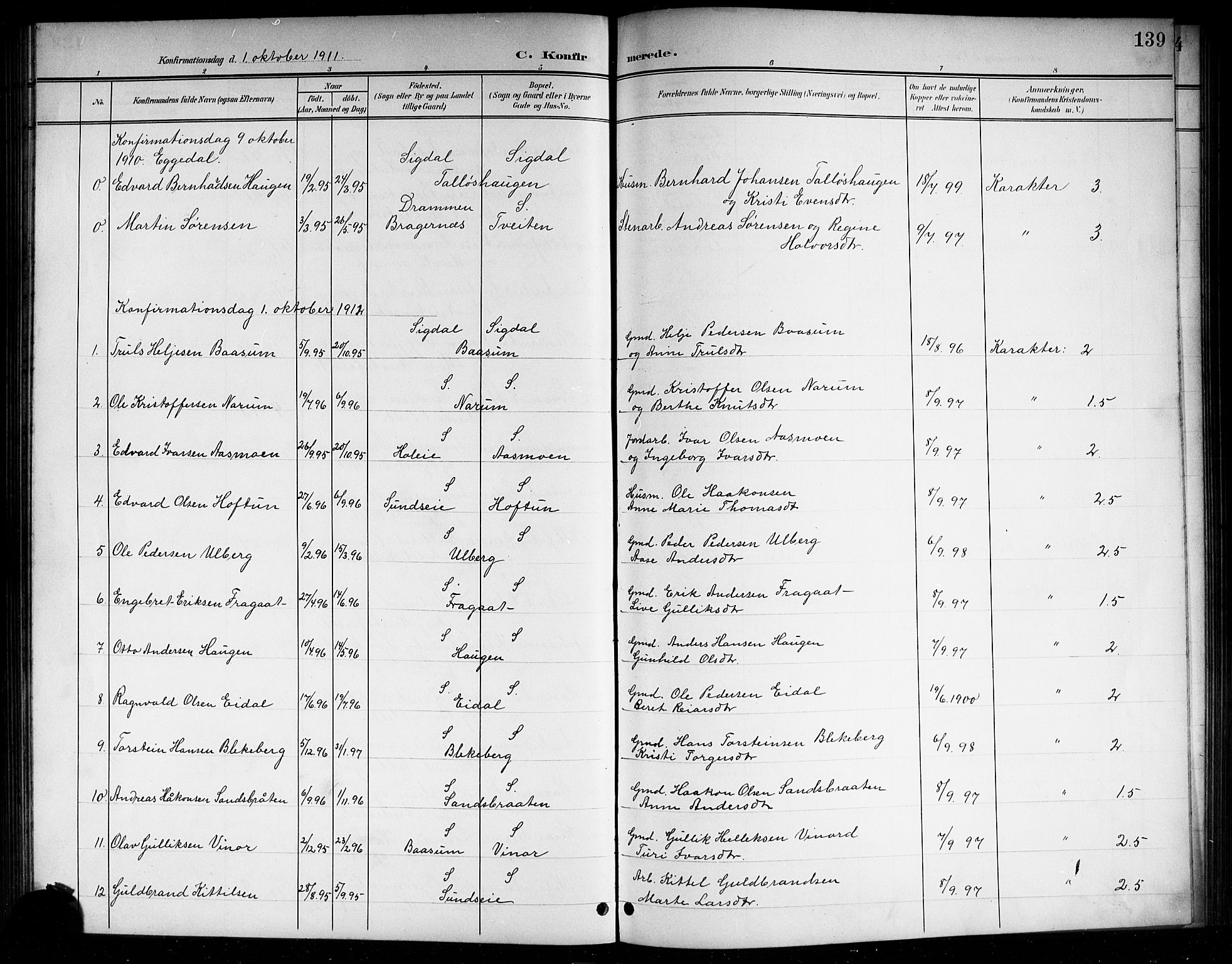 Sigdal kirkebøker, SAKO/A-245/G/Ga/L0006: Parish register (copy) no. I 6, 1901-1916, p. 139