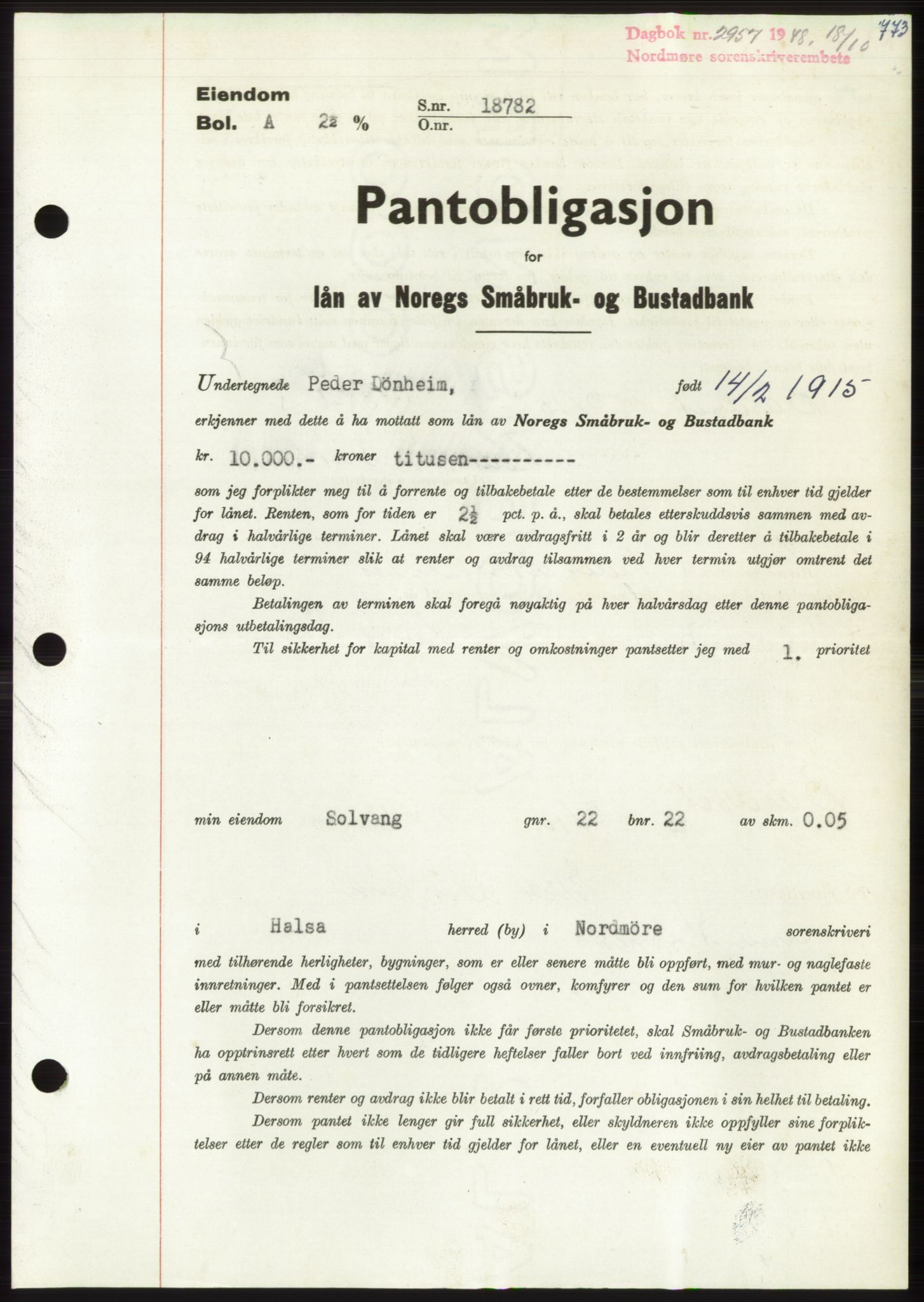 Nordmøre sorenskriveri, AV/SAT-A-4132/1/2/2Ca: Mortgage book no. B99, 1948-1948, Diary no: : 2957/1948