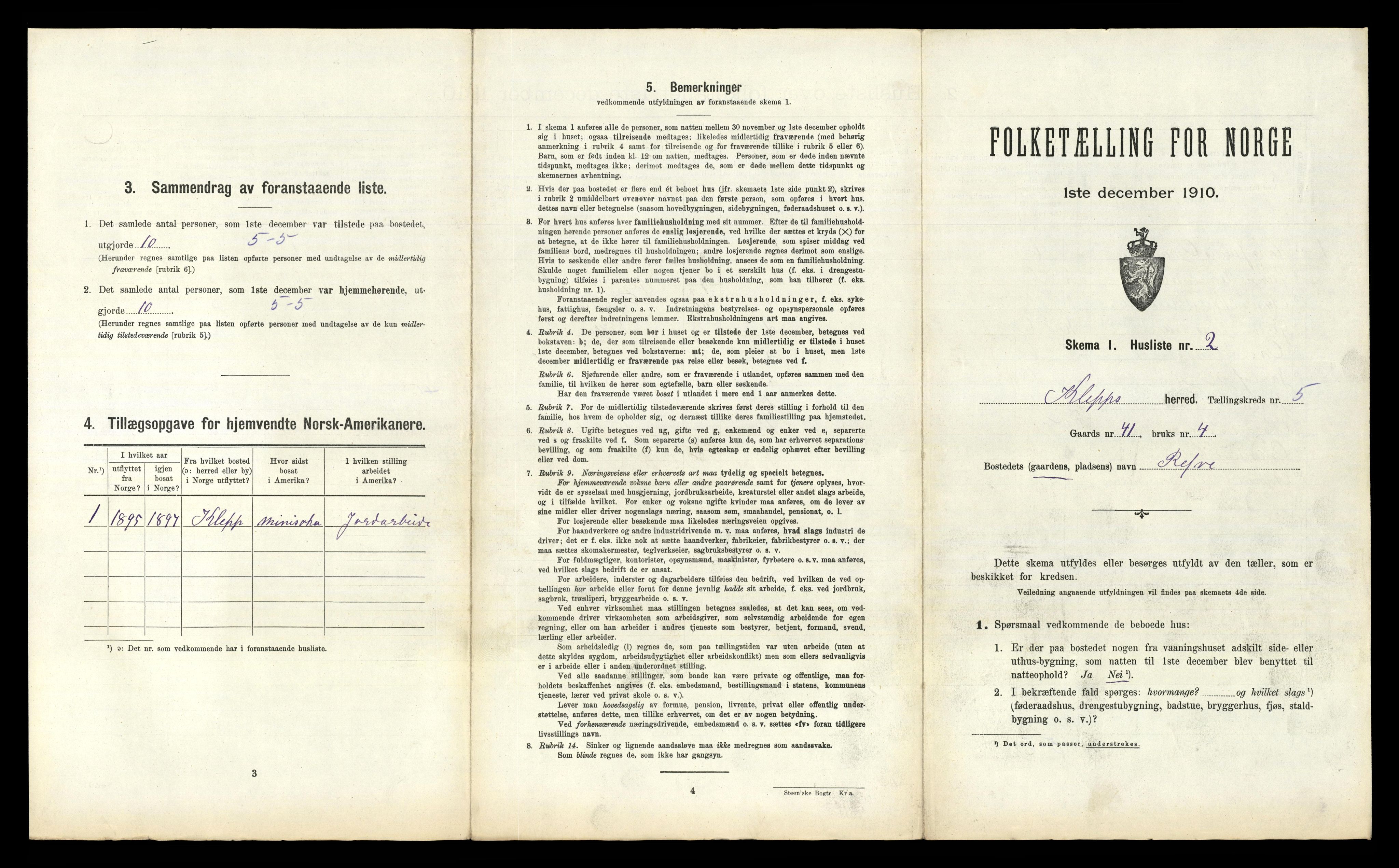 RA, 1910 census for Klepp, 1910, p. 861